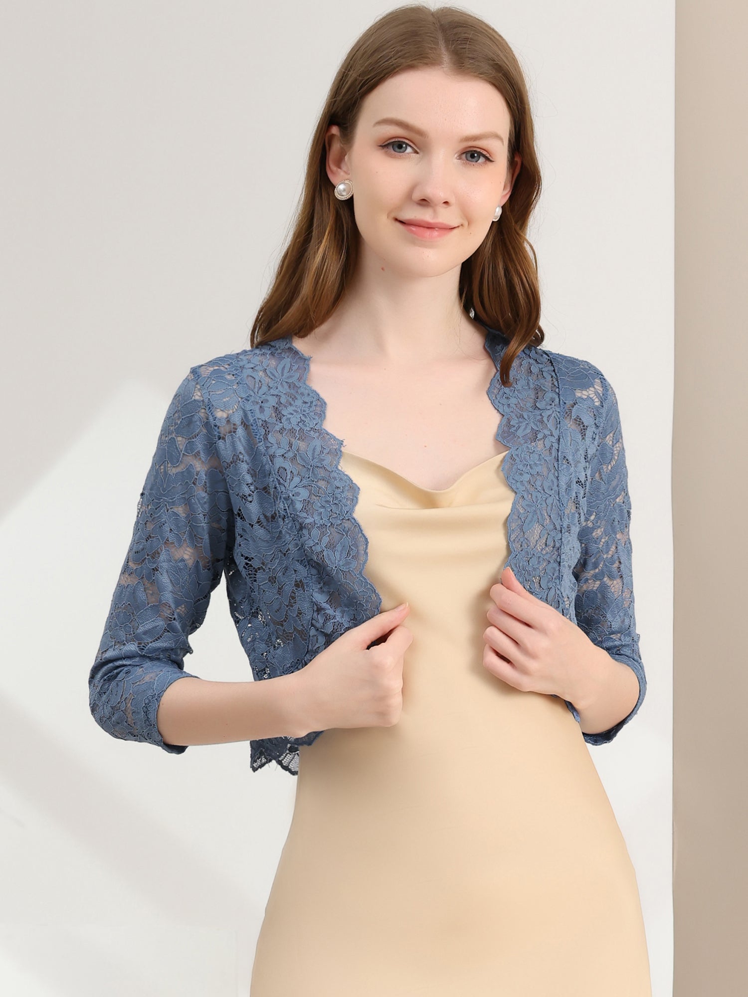 Lace 3/4 Sleeves Sheer Floral Cropped Bolero Shrug