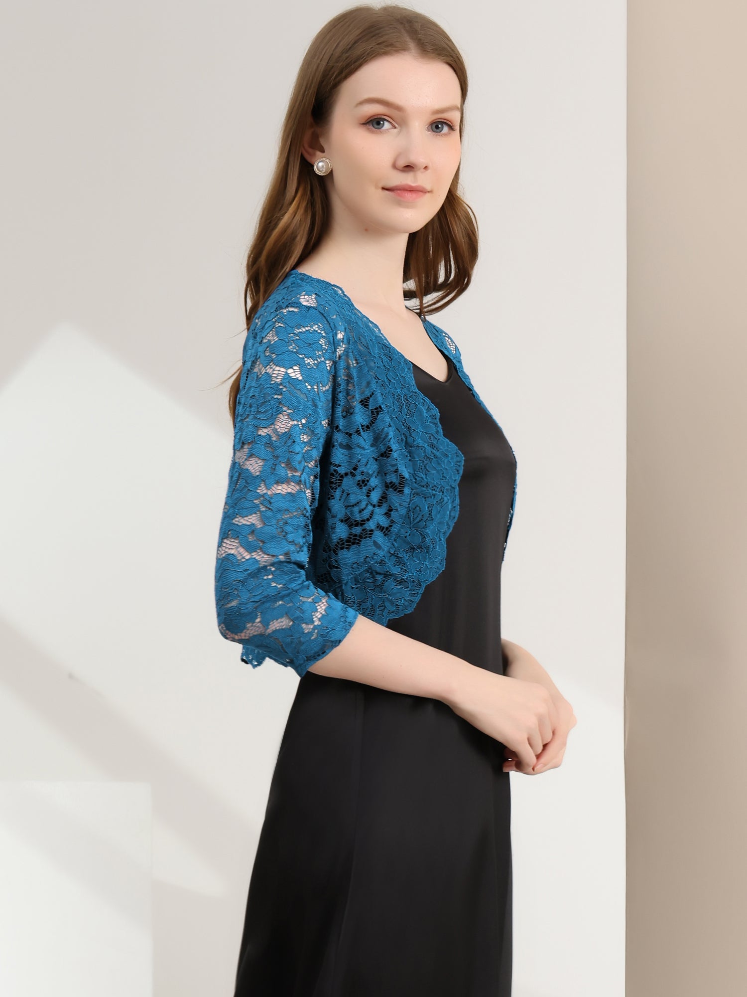 Lace 3/4 Sleeves Sheer Floral Cropped Bolero Shrug