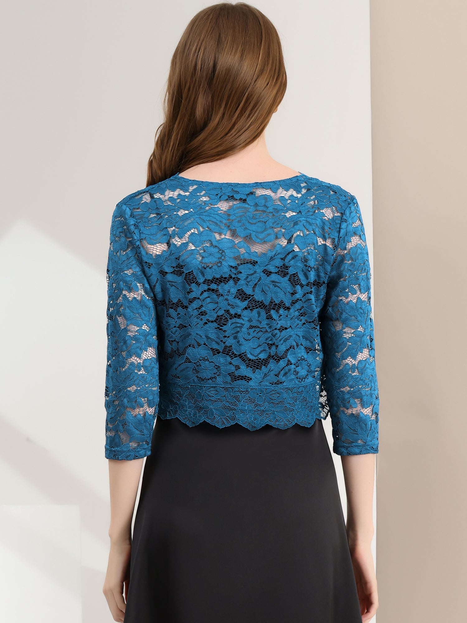 Lace 3/4 Sleeves Sheer Floral Cropped Bolero Shrug