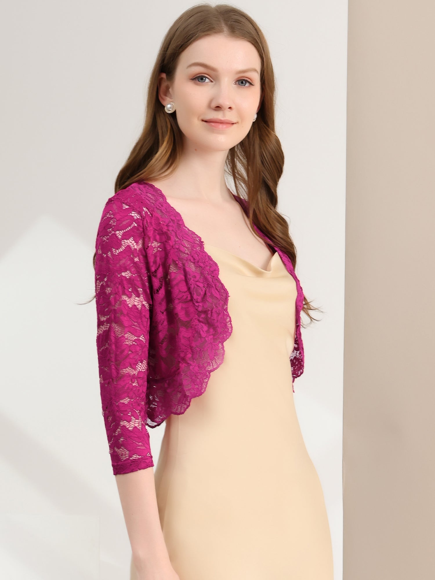 Lace 3/4 Sleeves Sheer Floral Cropped Bolero Shrug