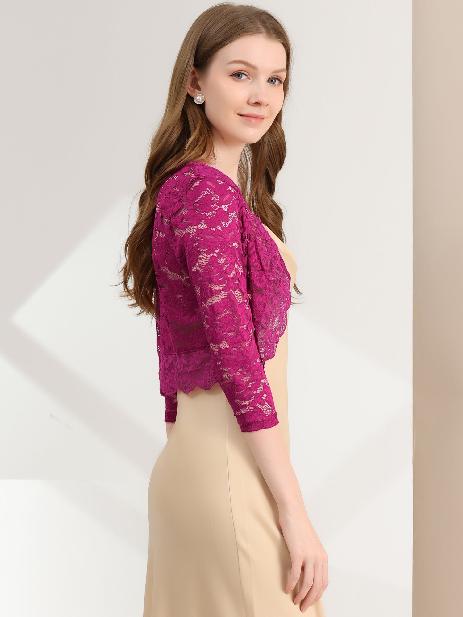 Lace 3/4 Sleeves Sheer Floral Cropped Bolero Shrug