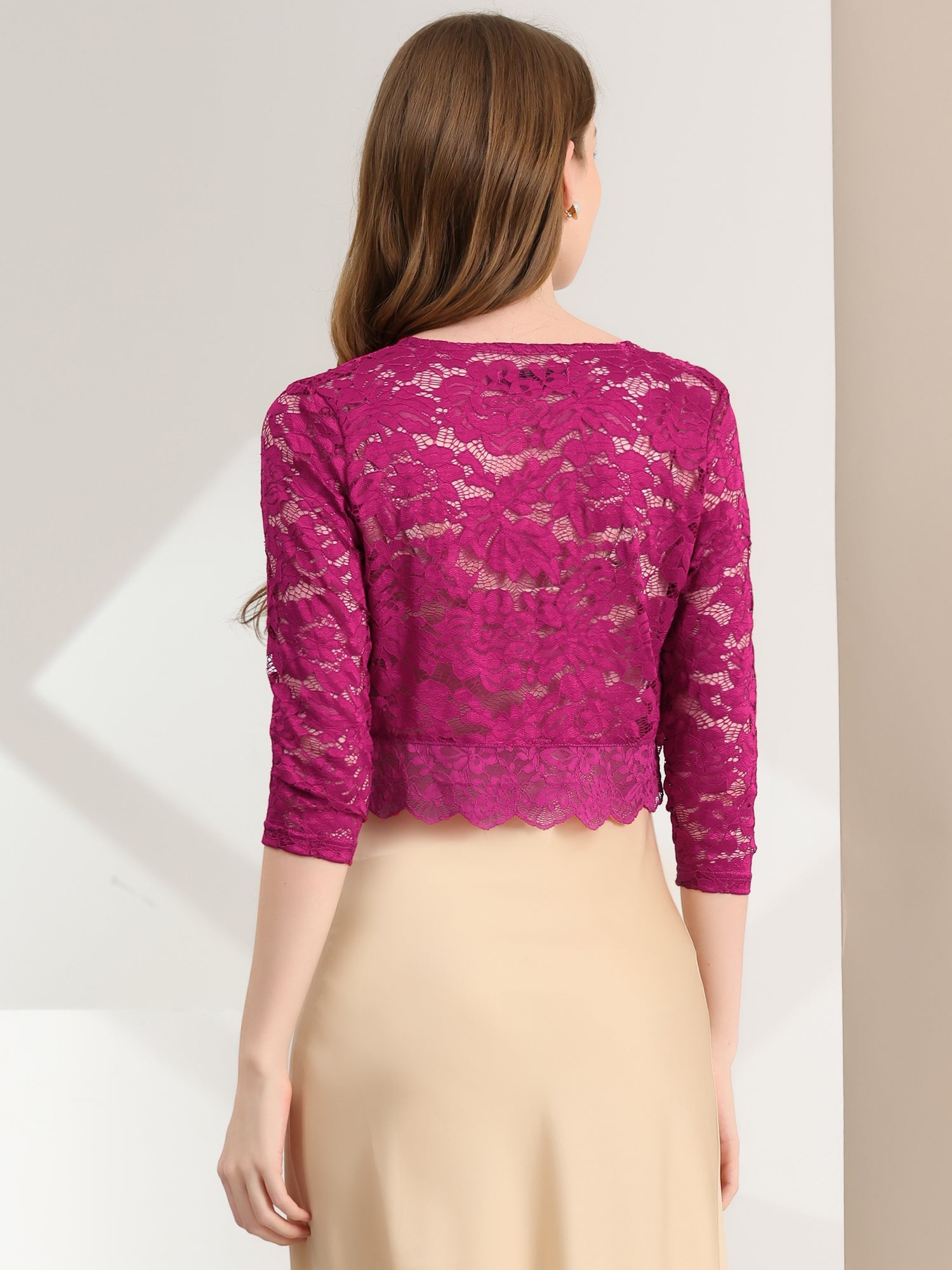 Lace 3/4 Sleeves Sheer Floral Cropped Bolero Shrug