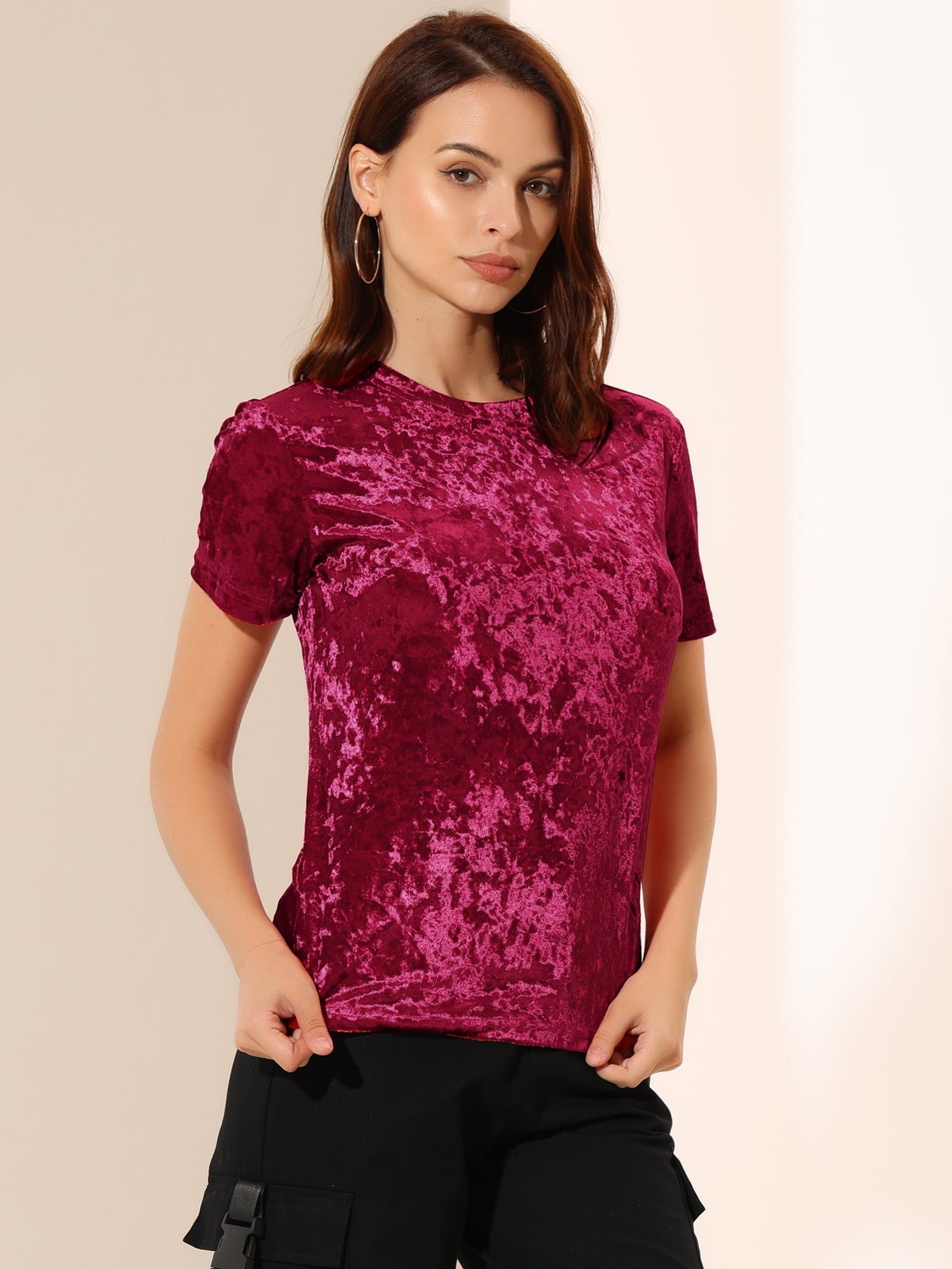 Velvet Crew Neck Short Sleeve Casual T-Shirt Top