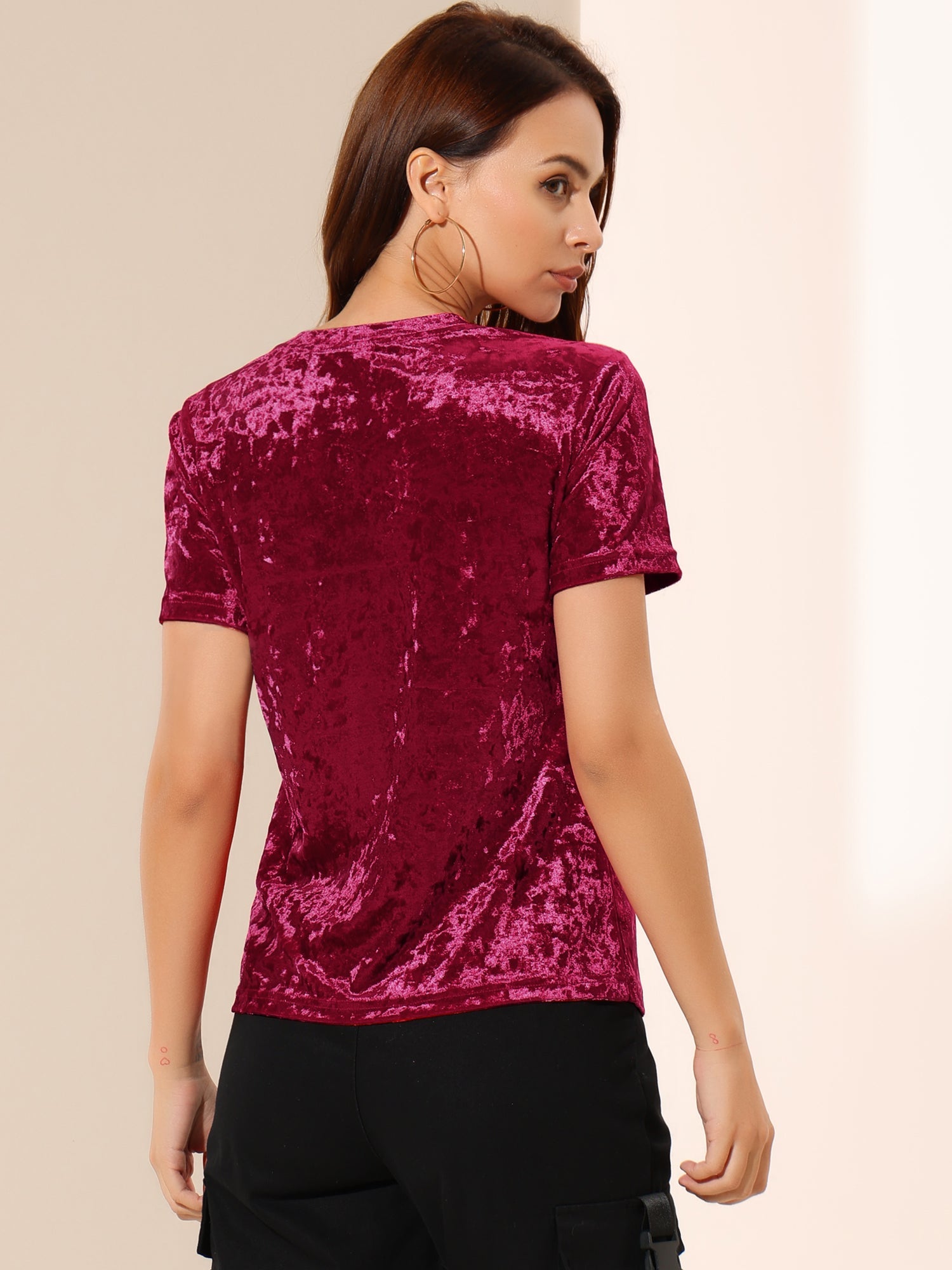 Velvet Crew Neck Short Sleeve Casual T-Shirt Top