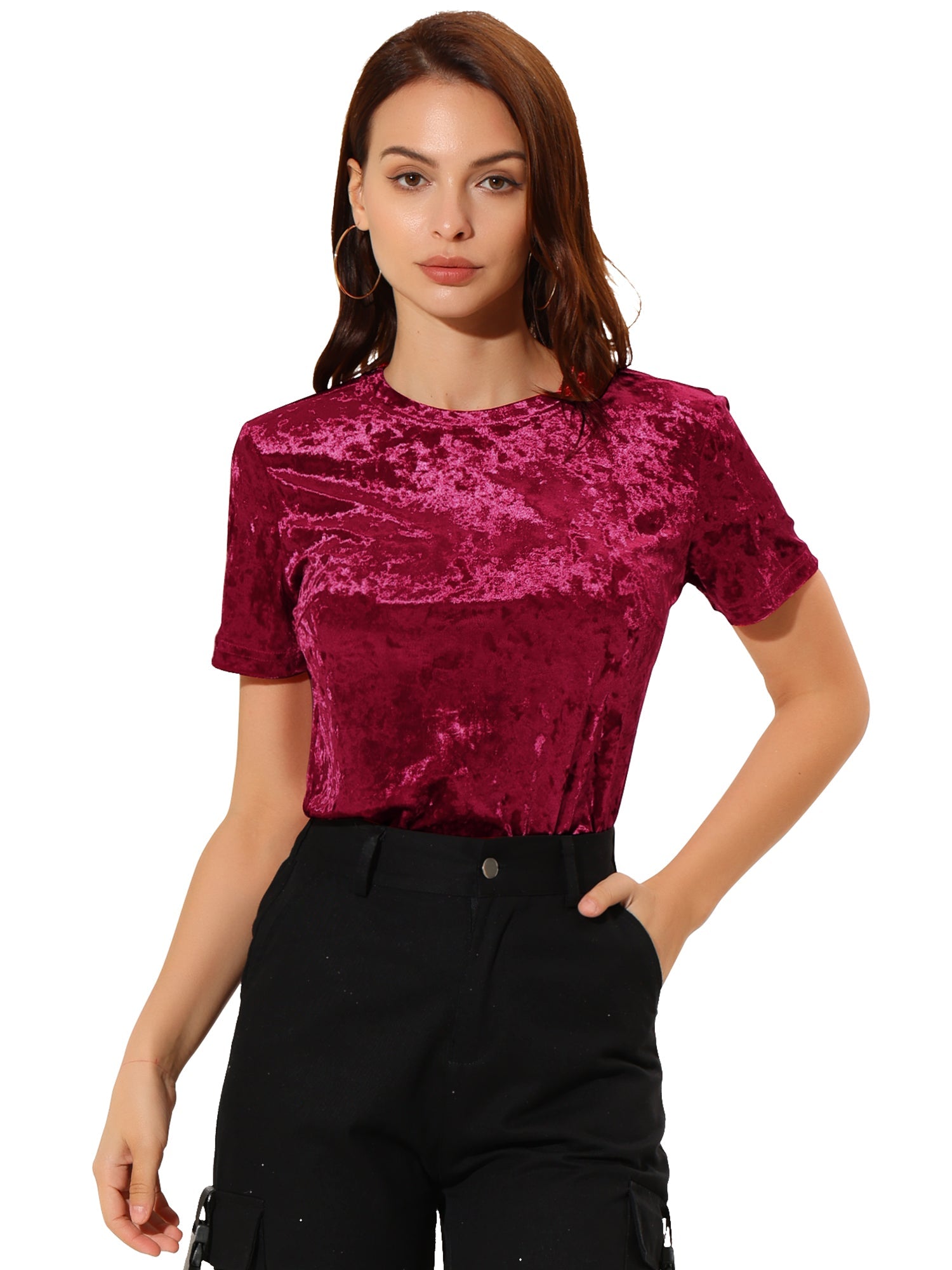Velvet Crew Neck Short Sleeve Casual T-Shirt Top