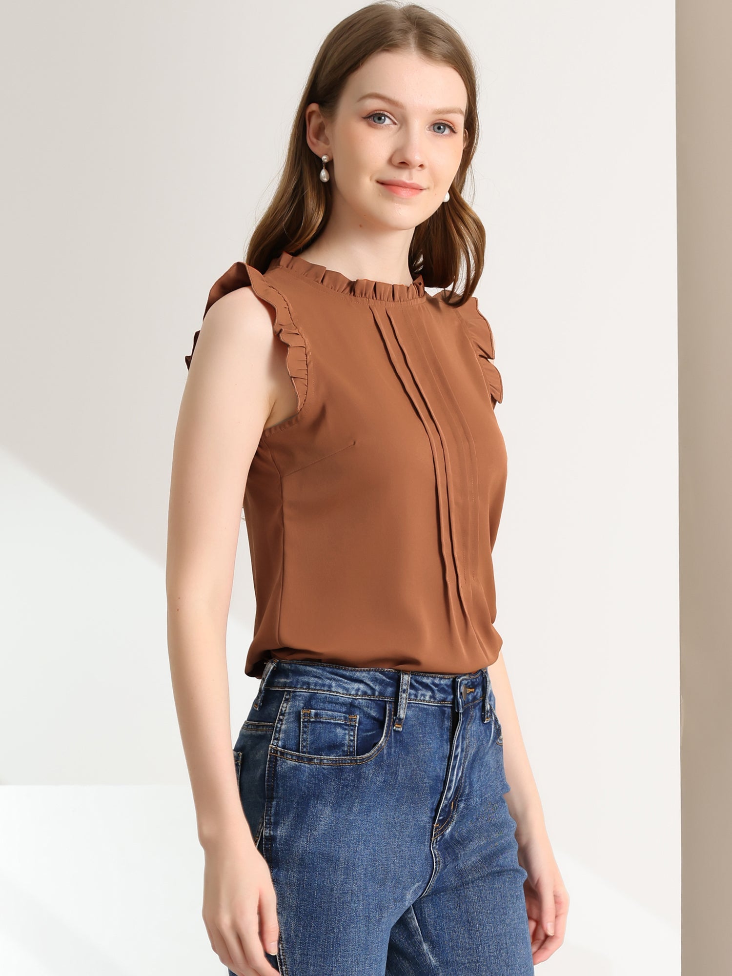 Business Office 1950s Ruffled Retro Sleeveless Work Blouses