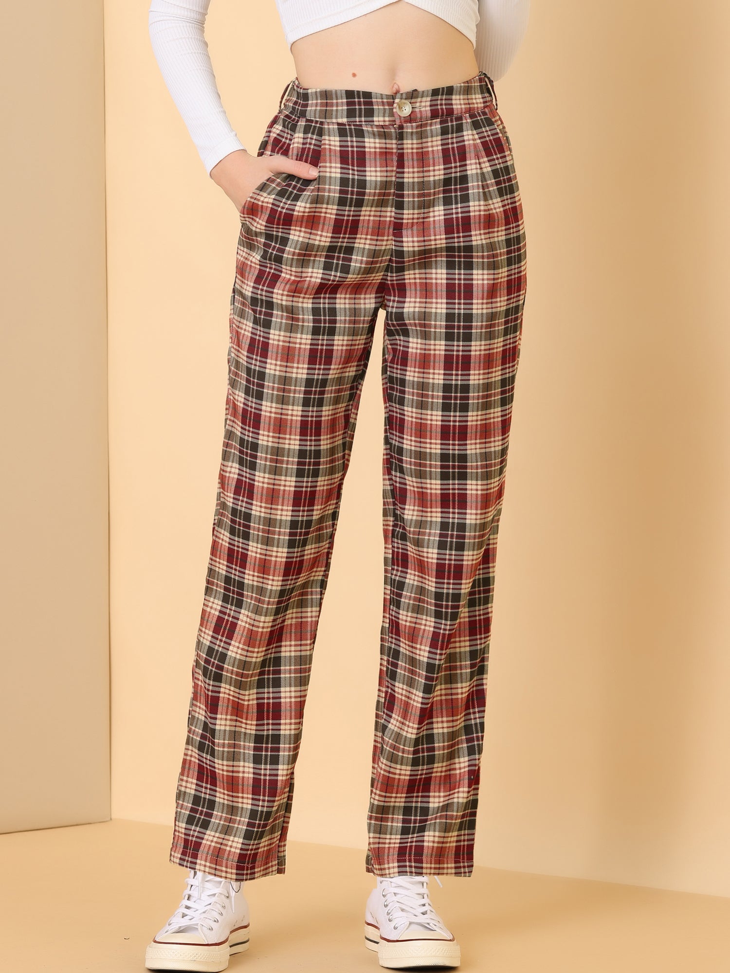 Plaid Elastic Waist Casual Work Office Long Pants