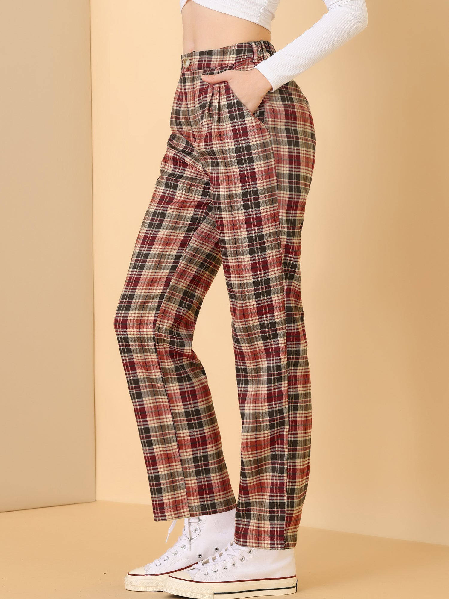 Plaid Elastic Waist Casual Work Office Long Pants