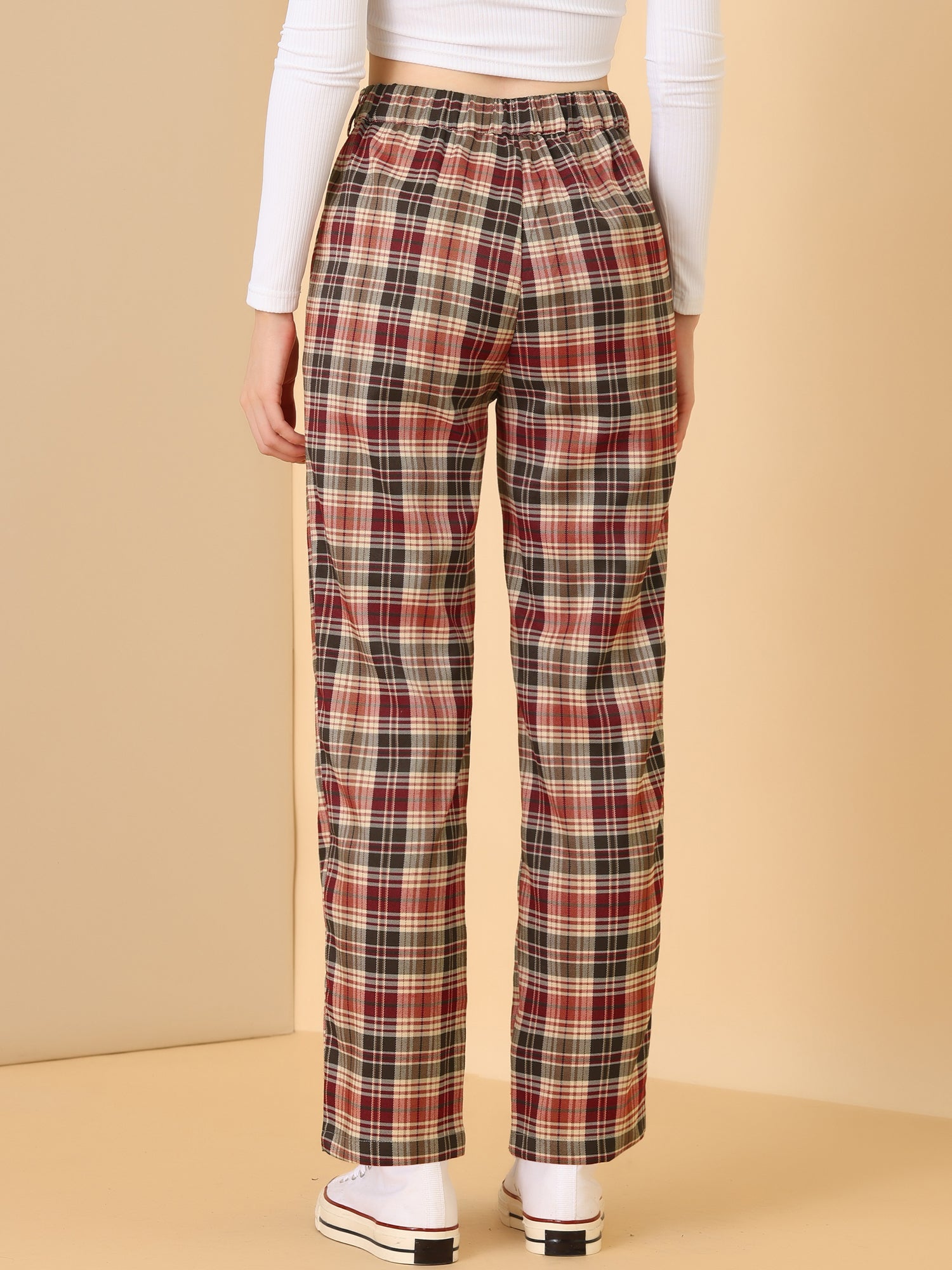 Plaid Elastic Waist Casual Work Office Long Pants