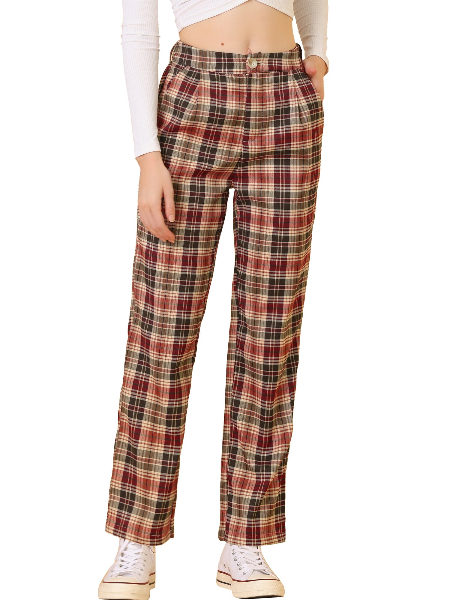 Plaid Elastic Waist Casual Work Office Long Pants