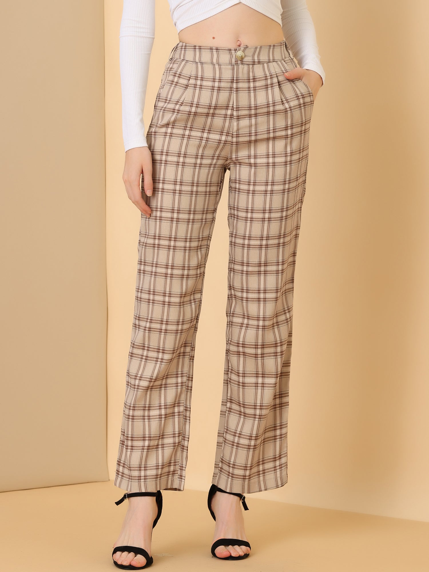 Plaid Elastic Waist Casual Work Office Long Pants