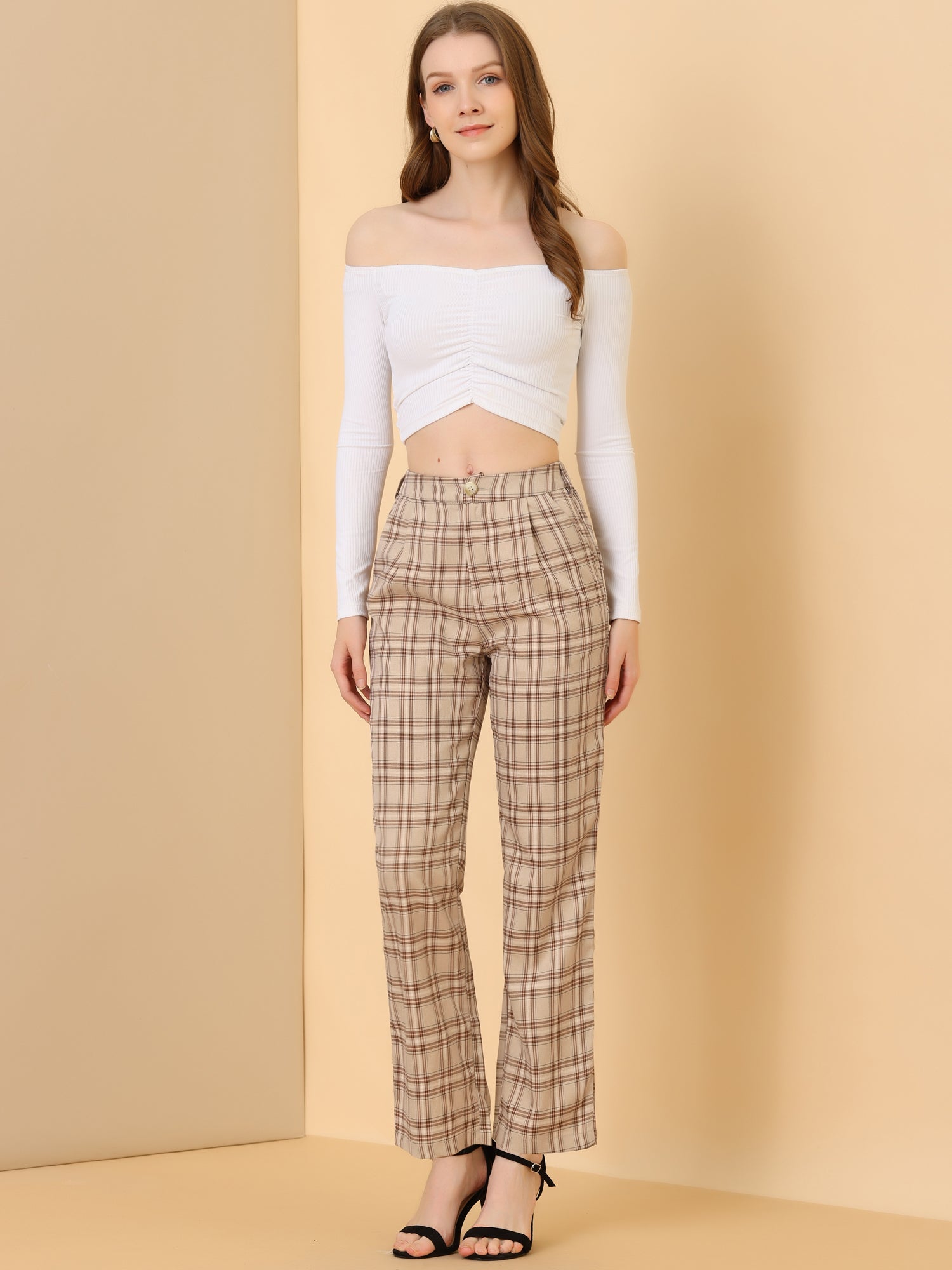 Plaid Elastic Waist Casual Work Office Long Pants