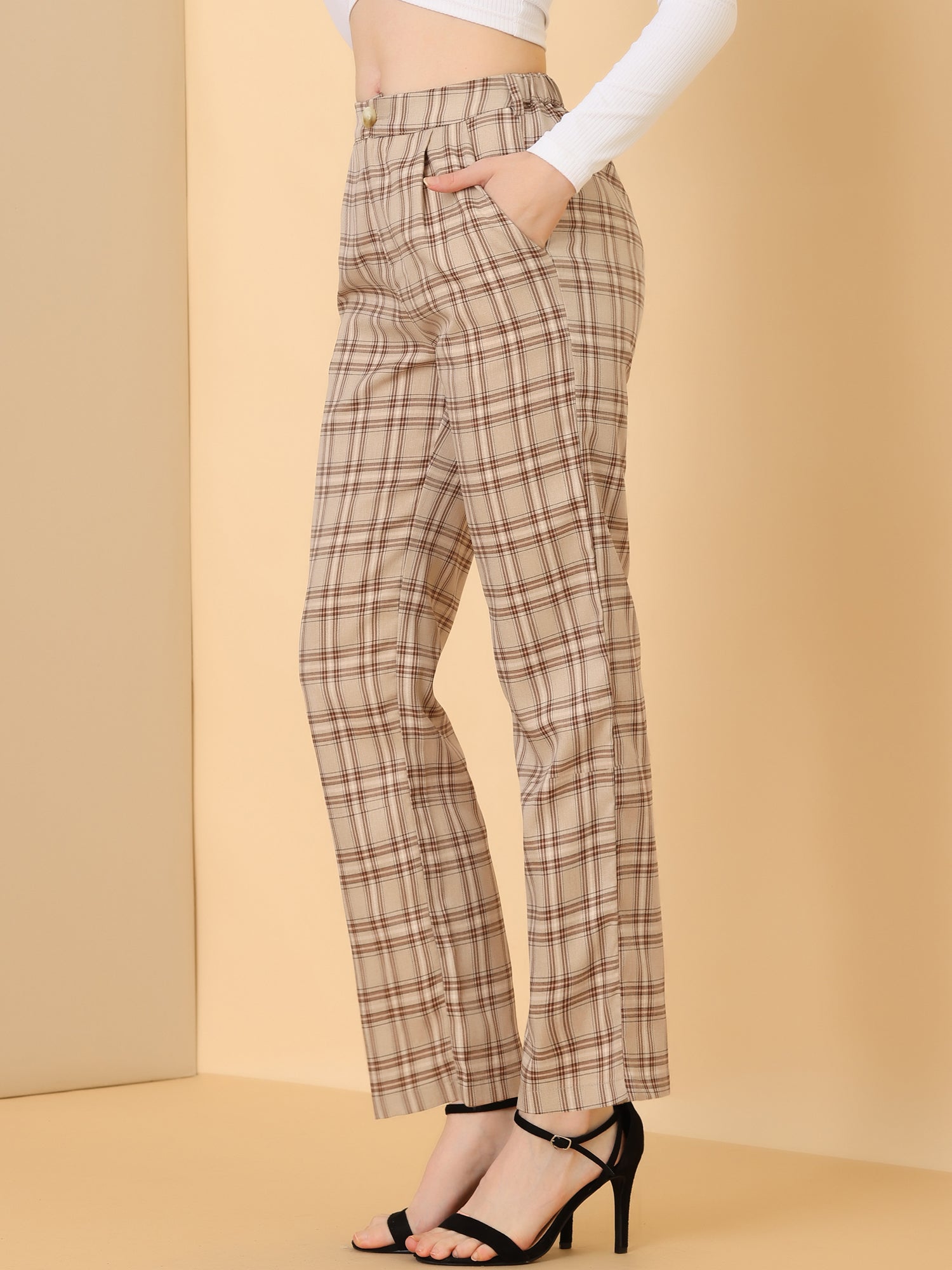 Plaid Elastic Waist Casual Work Office Long Pants