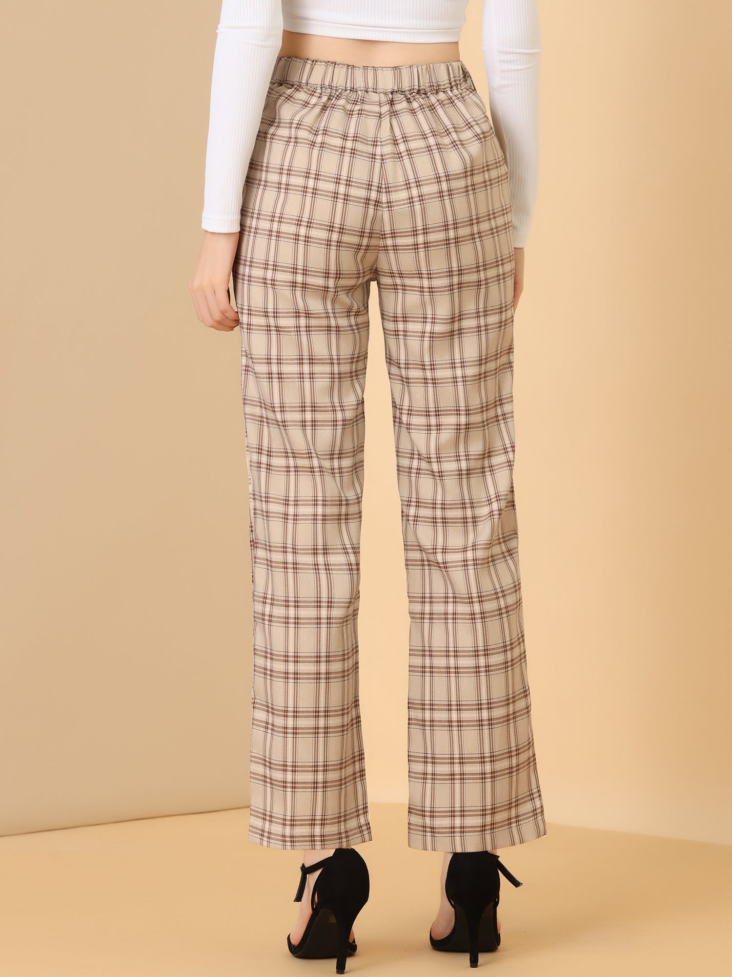 Plaid Elastic Waist Casual Work Office Long Pants