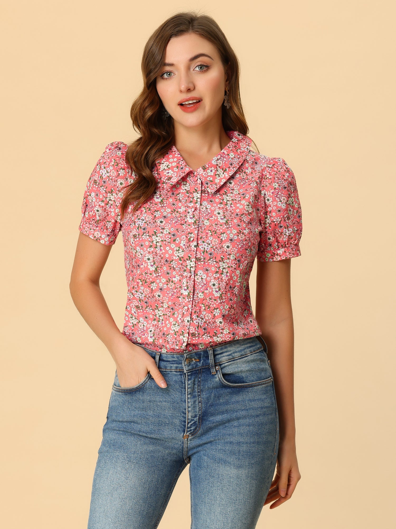 Puff Sleeve Shirt Point Collar Top Button Down Floral Blouse