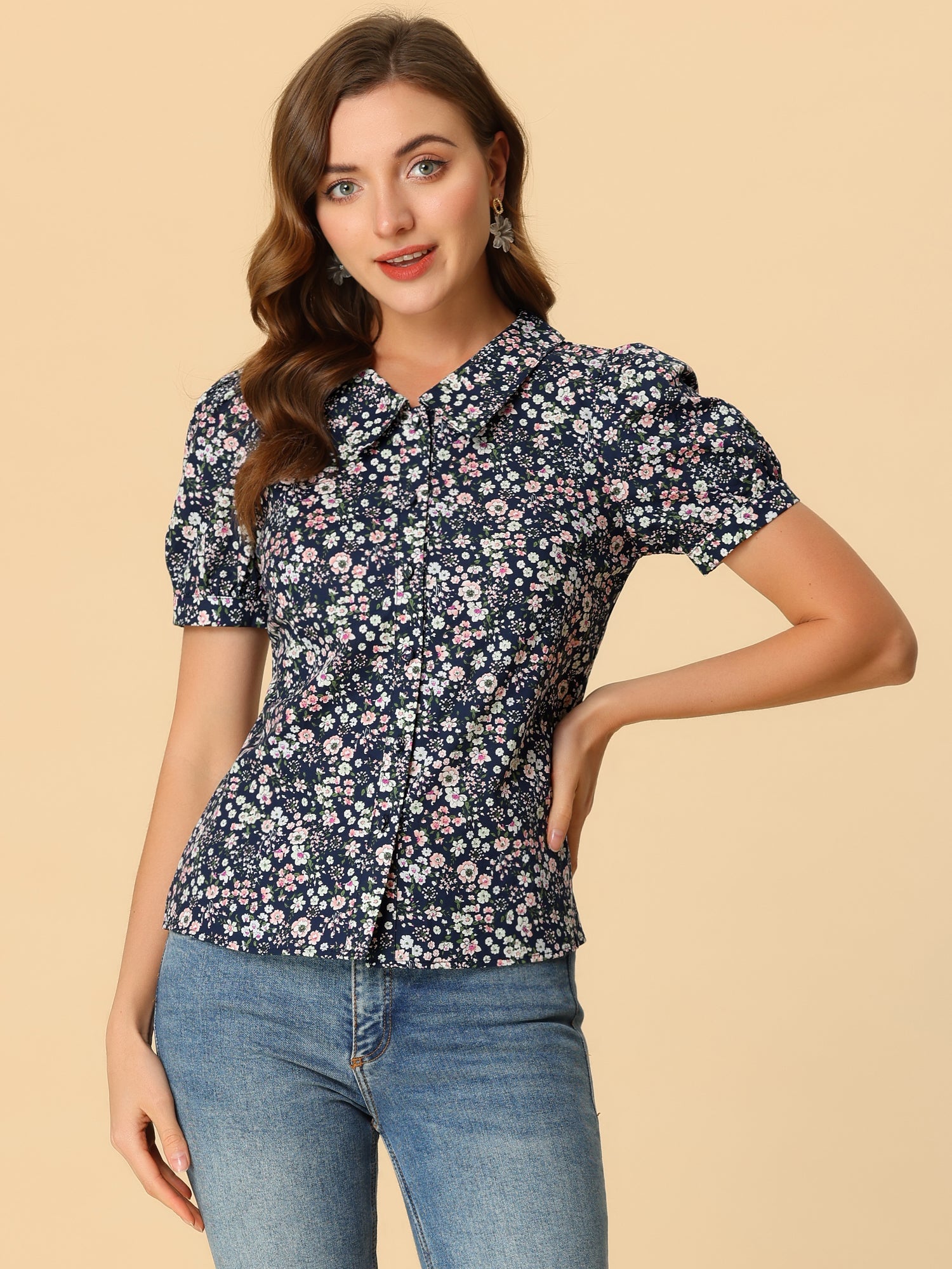 Puff Sleeve Shirt Point Collar Top Button Down Floral Blouse
