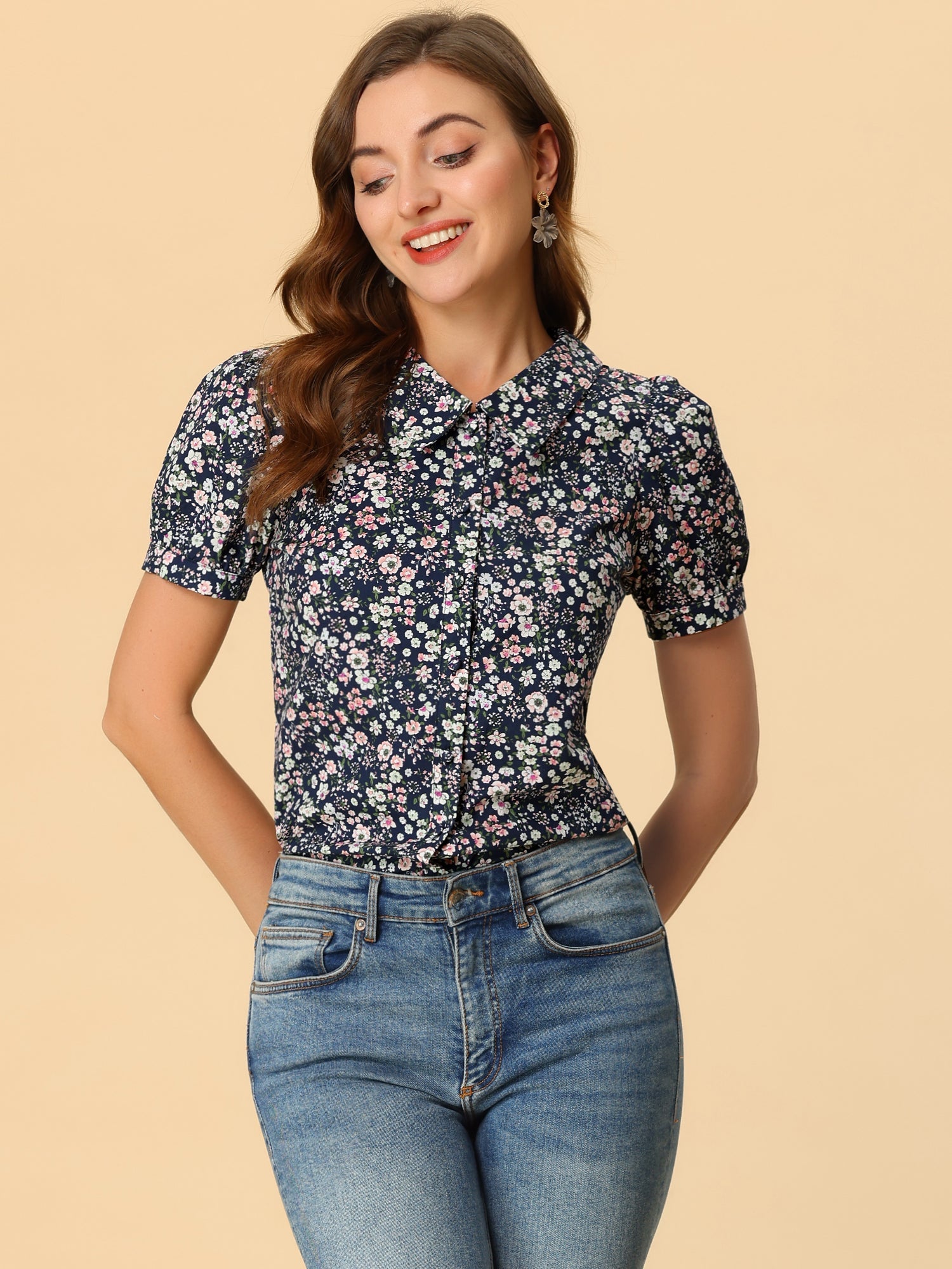 Puff Sleeve Shirt Point Collar Top Button Down Floral Blouse