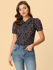 Puff Sleeve Shirt Point Collar Top Button Down Floral Blouse