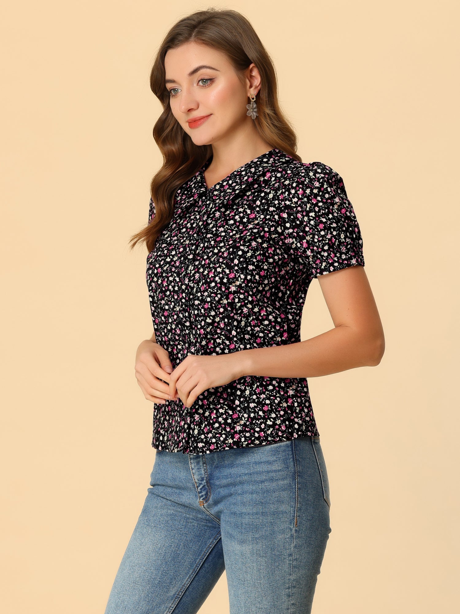 Puff Sleeve Shirt Point Collar Top Button Down Floral Blouse