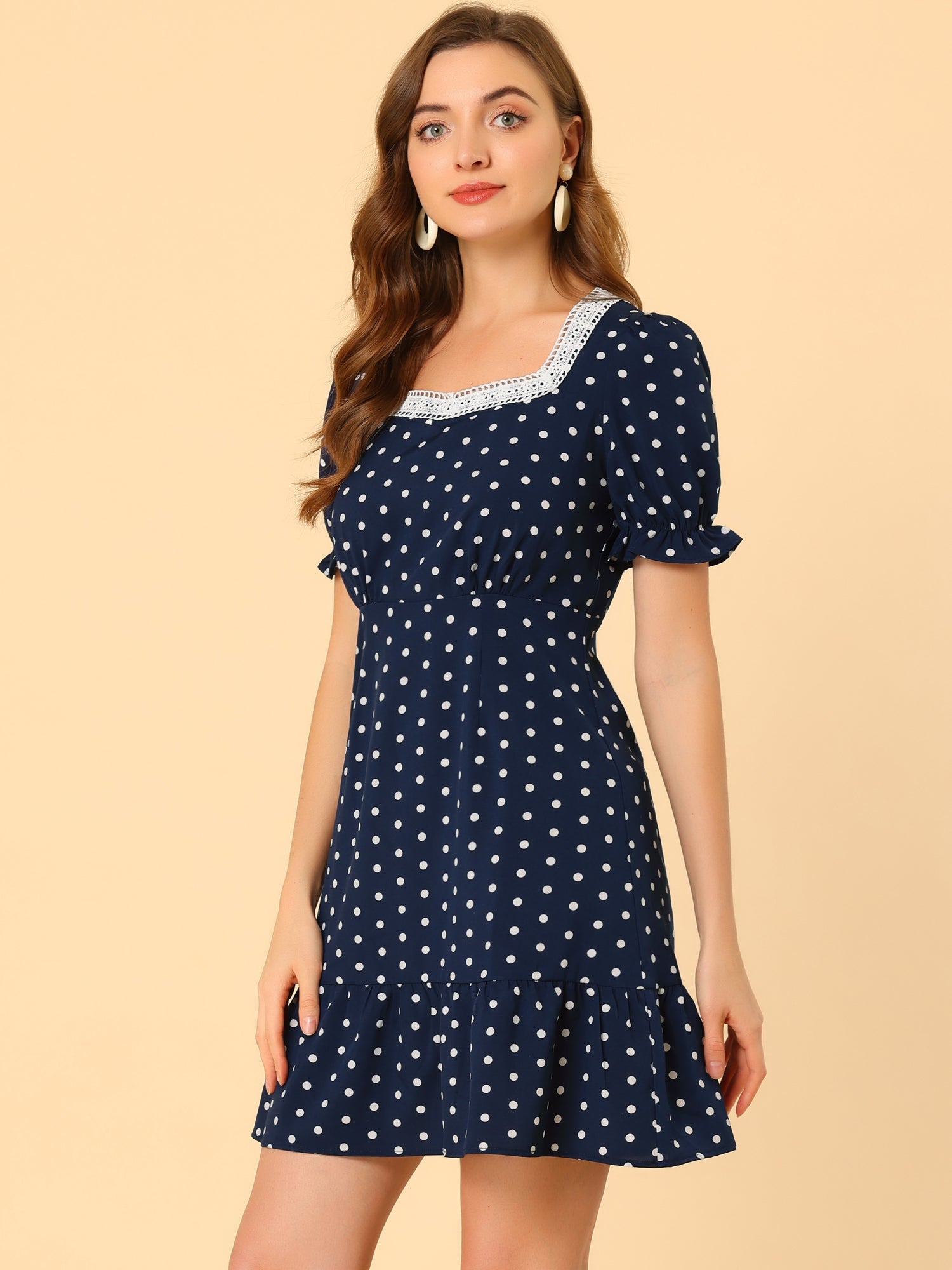 Summer Sweetheart Neck Ruffled Hem Puff Short Sleeve Polka Dots Dress