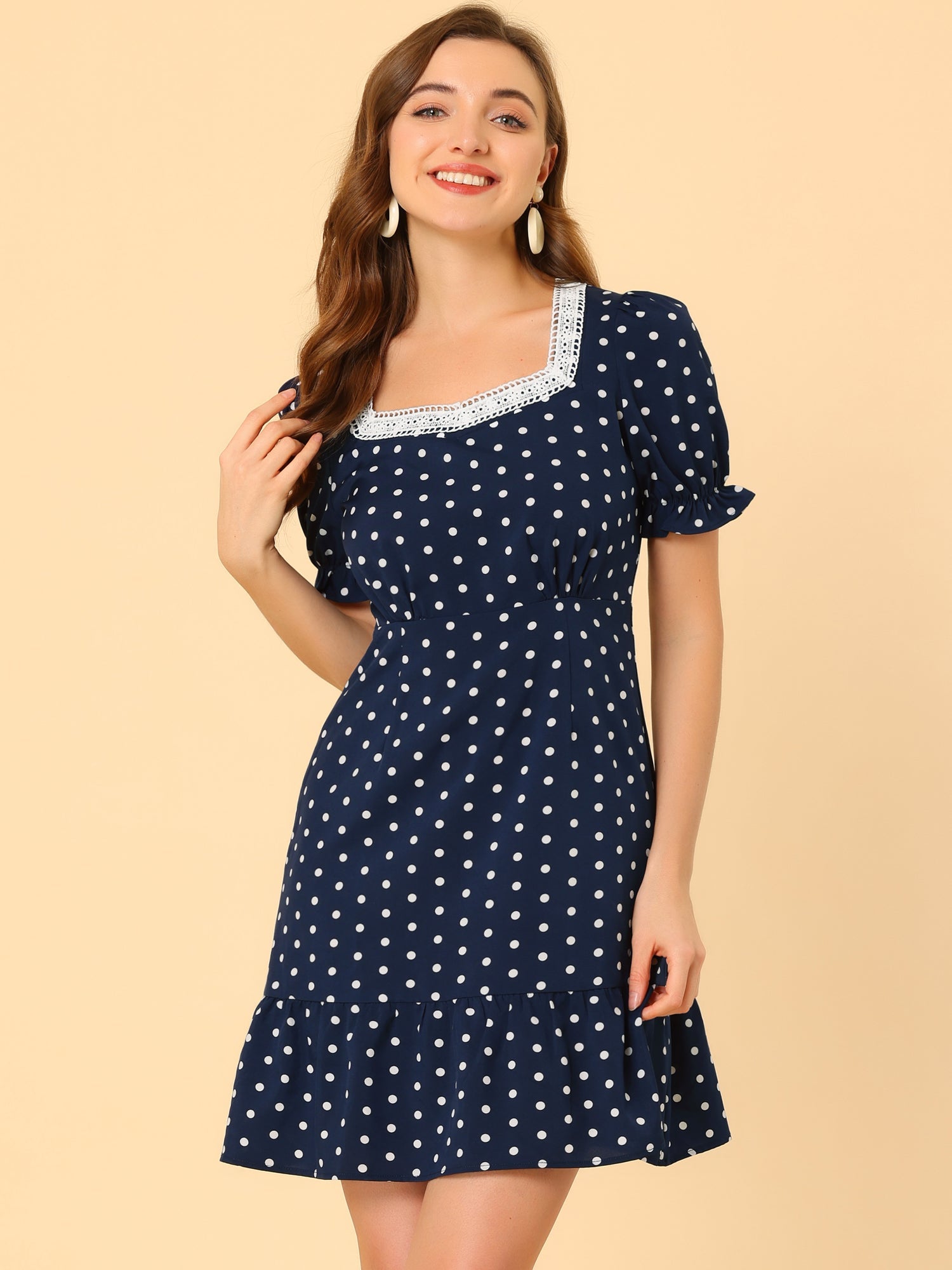 Summer Sweetheart Neck Ruffled Hem Puff Short Sleeve Polka Dots Dress