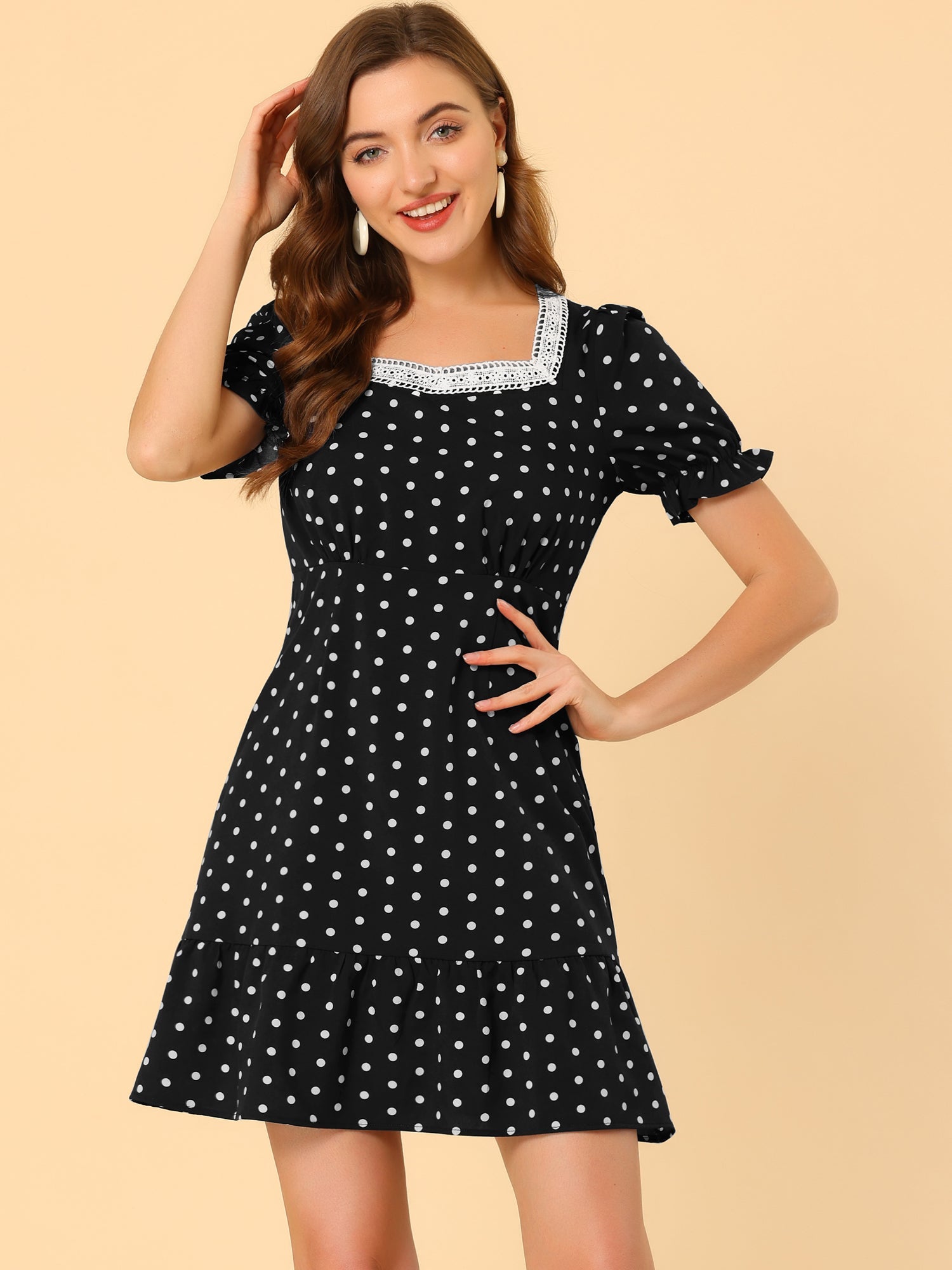 Summer Sweetheart Neck Ruffled Hem Puff Short Sleeve Polka Dots Dress