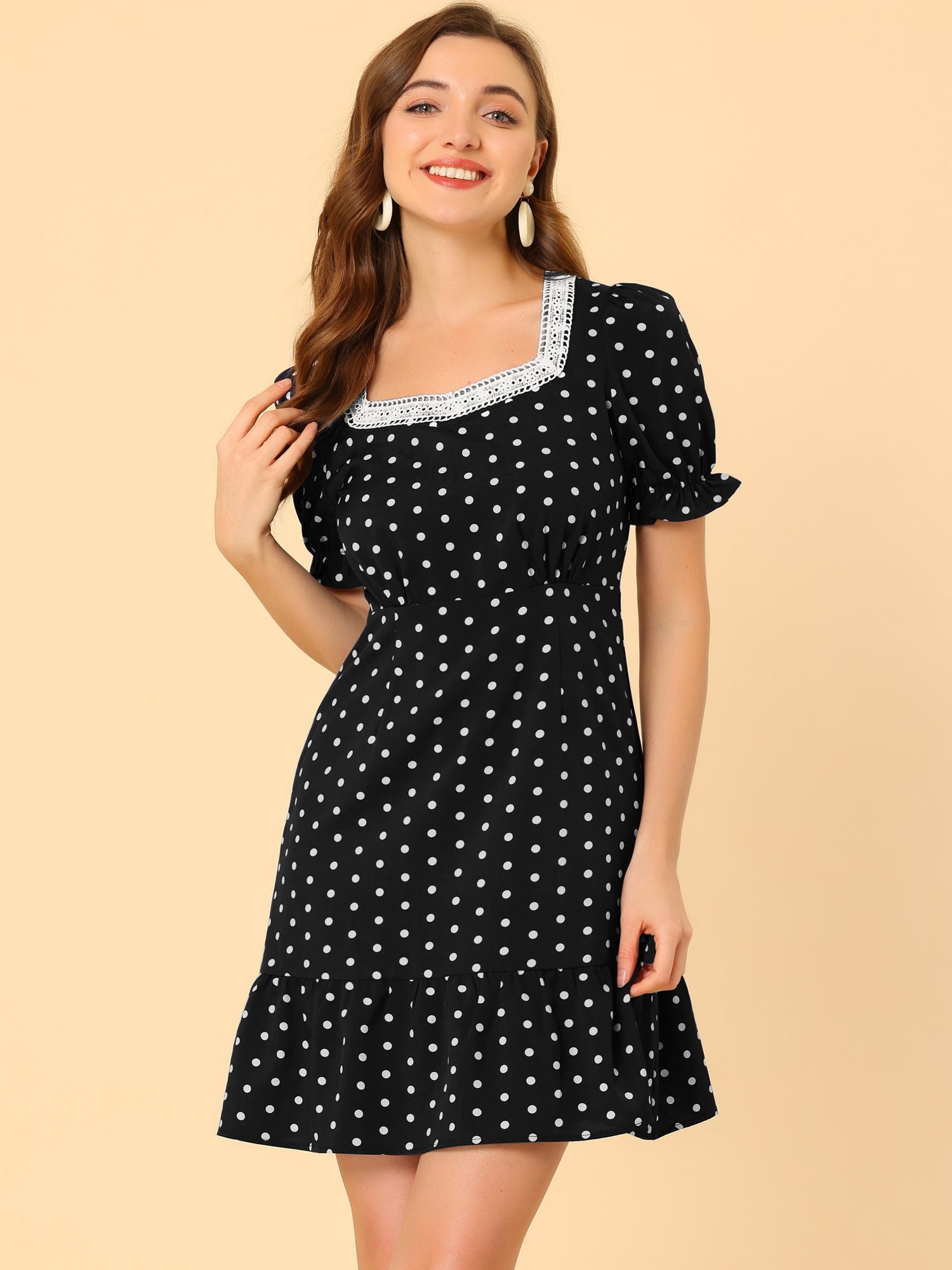Summer Sweetheart Neck Ruffled Hem Puff Short Sleeve Polka Dots Dress