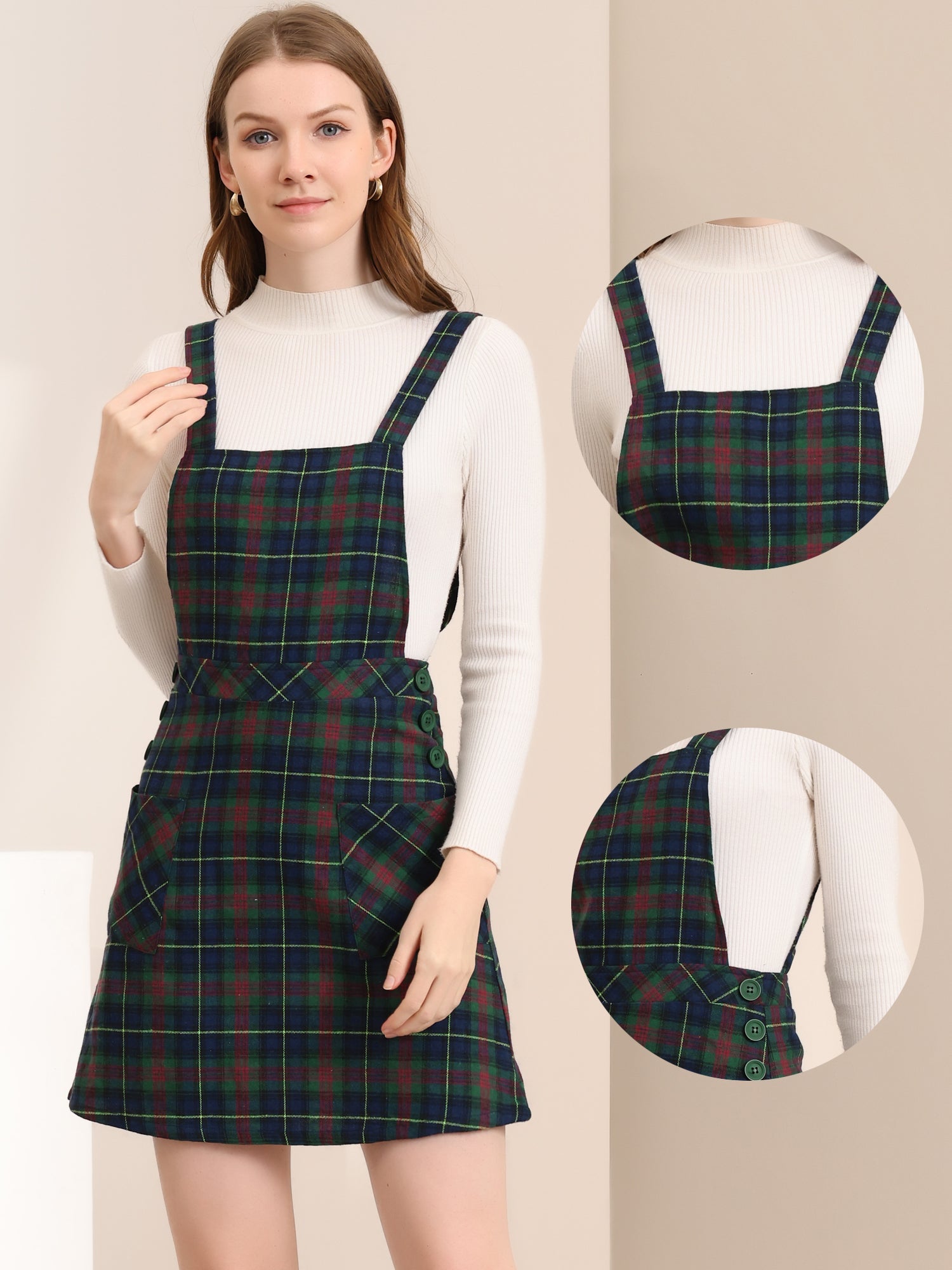 Plaid Tartan Button Decor A-Line Pinafore Overall Dress
