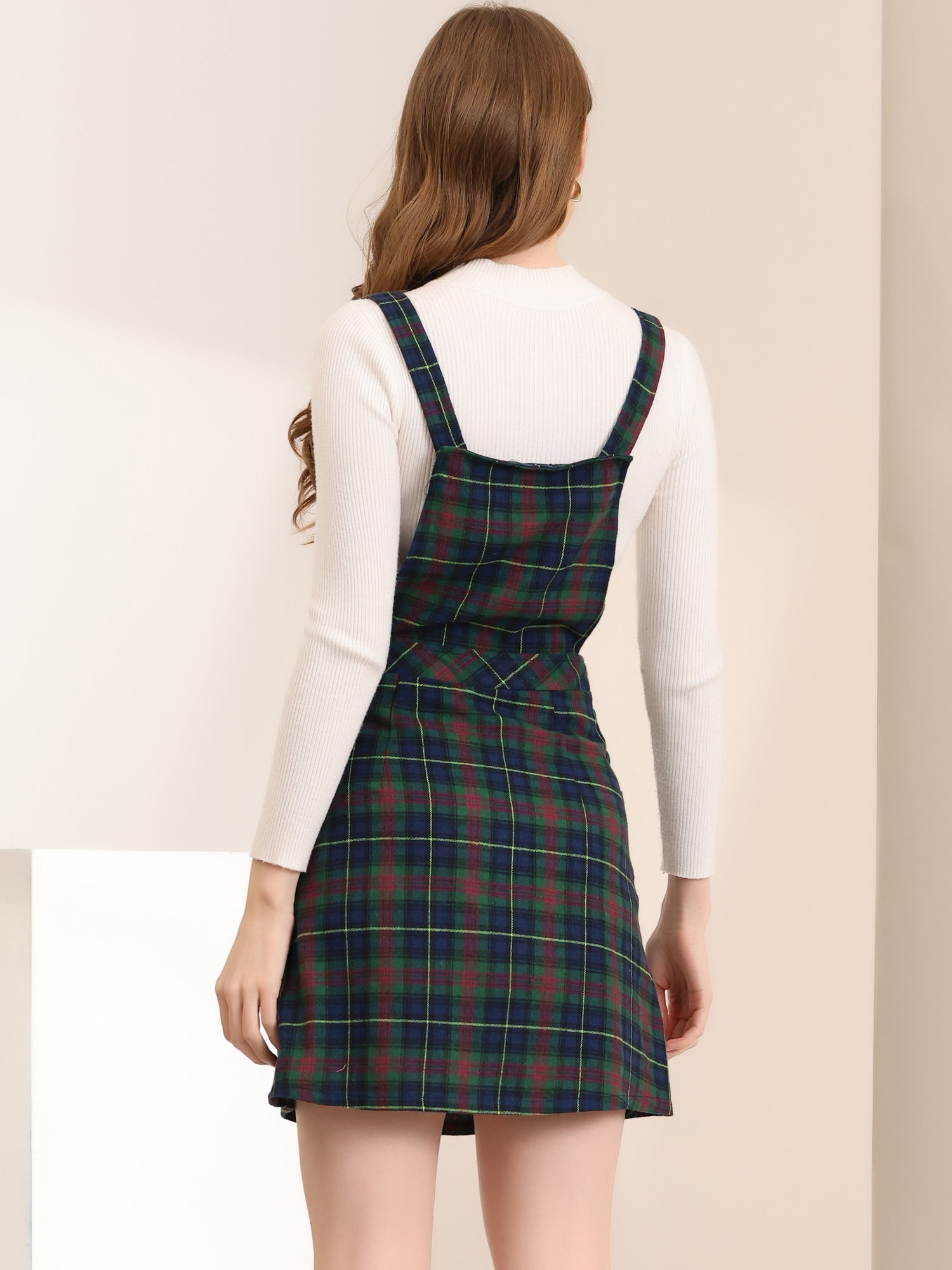 Plaid Tartan Button Decor A-Line Pinafore Overall Dress