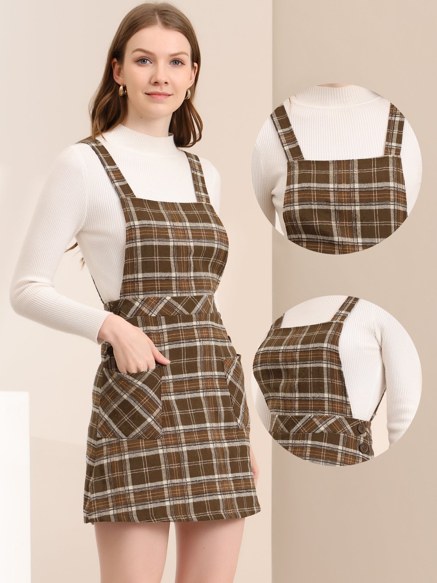 Plaid Tartan Button Decor A-Line Pinafore Overall Dress