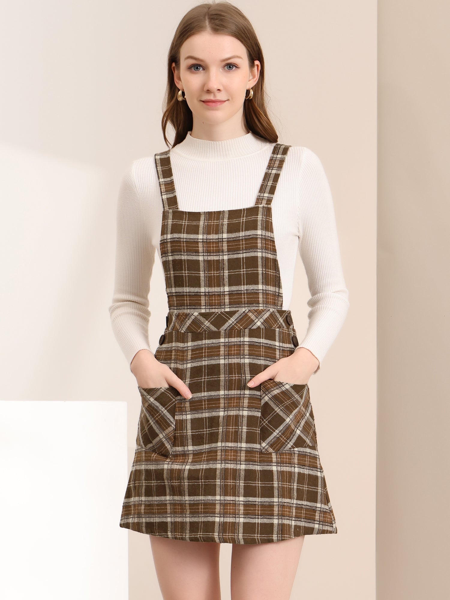 Plaid Tartan Button Decor A-Line Pinafore Overall Dress