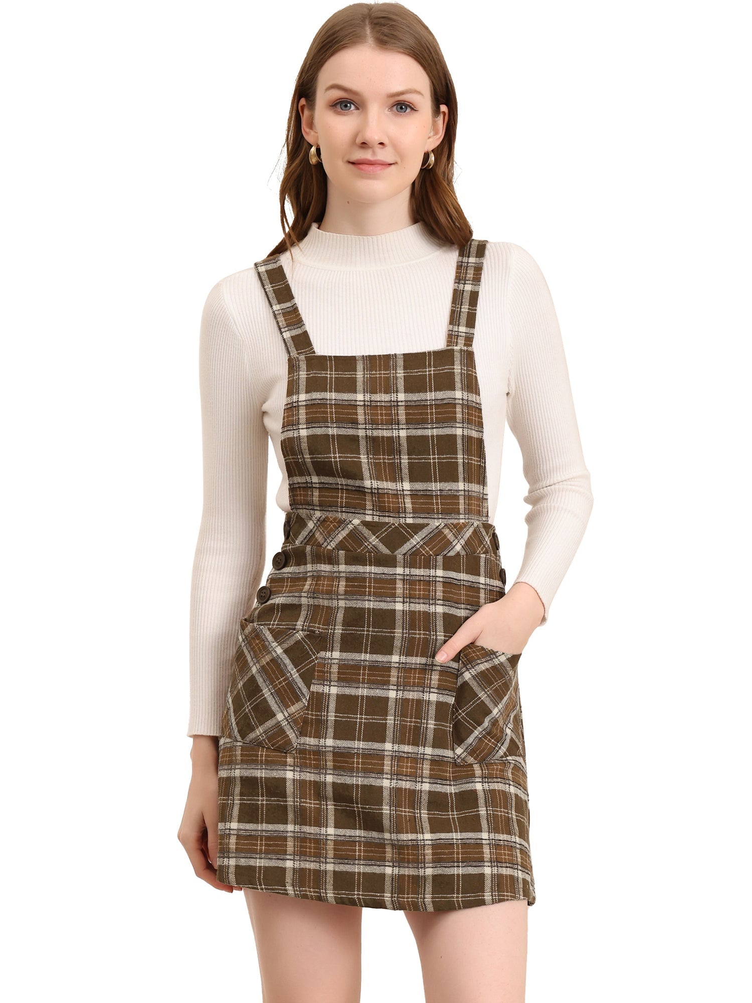 Plaid Tartan Button Decor A-Line Pinafore Overall Dress