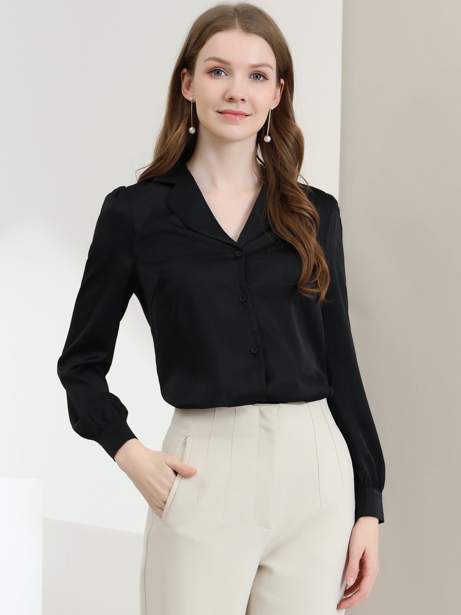 Elegant Collar Blouse Long Sleeve Work Office Satin Button Down Shirt