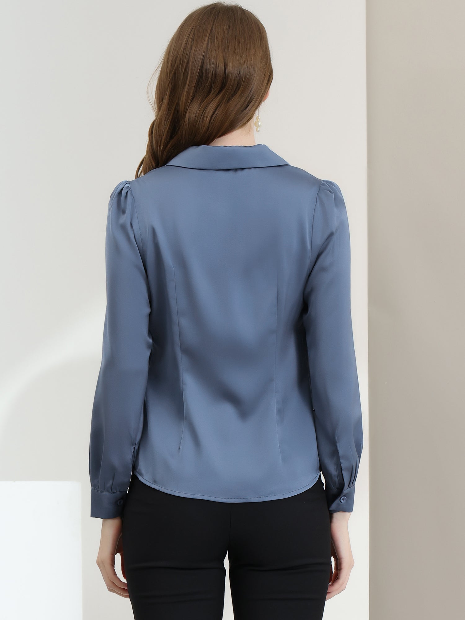 Elegant Collar Blouse Long Sleeve Work Office Satin Button Down Shirt