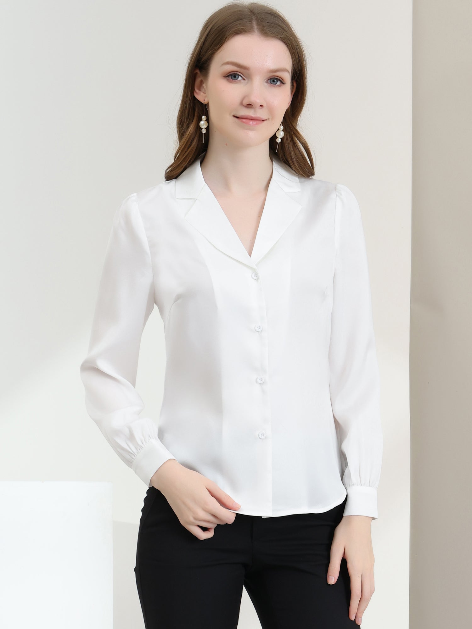 Elegant Collar Blouse Long Sleeve Work Office Satin Button Down Shirt
