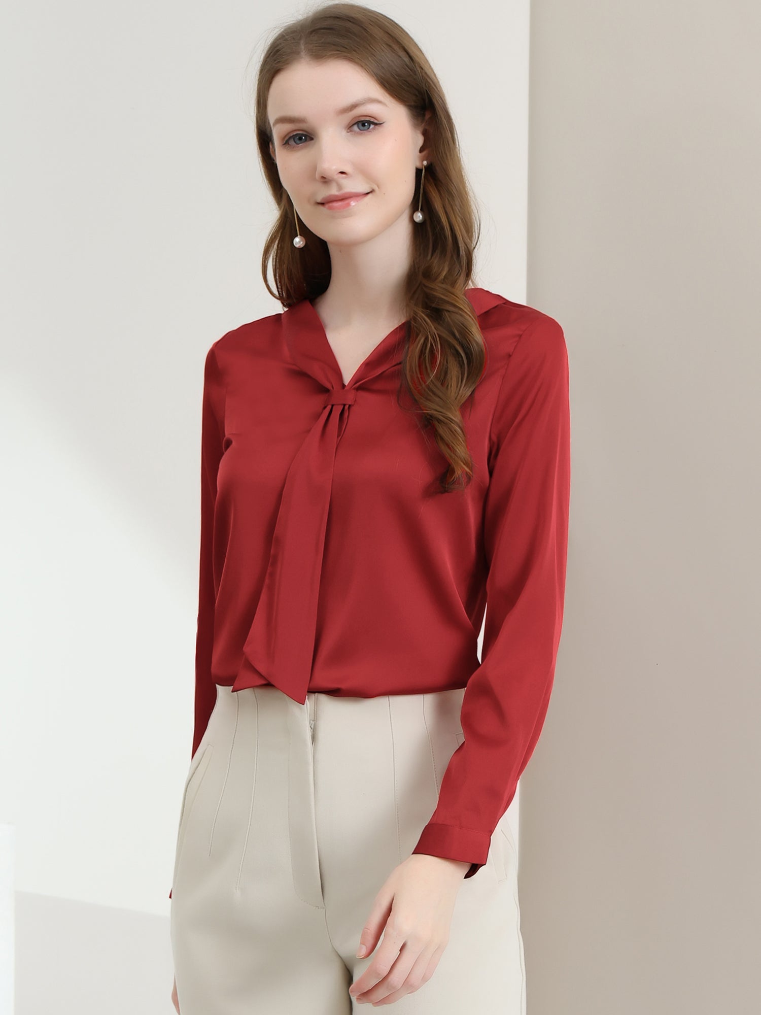 Satin Tie Neck Long Sleeve Solid Color Elegant Office Work Shirt Top