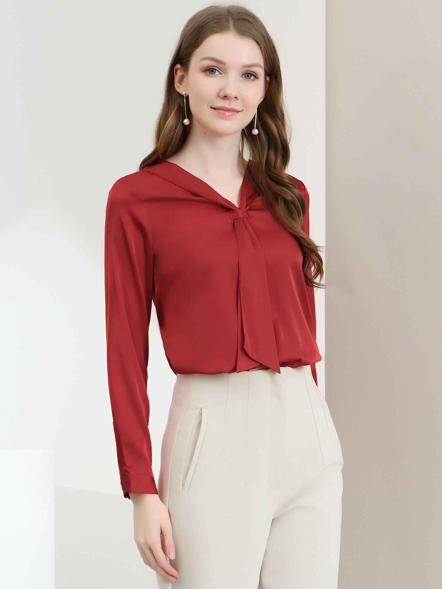 Satin Tie Neck Long Sleeve Solid Color Elegant Office Work Shirt Top