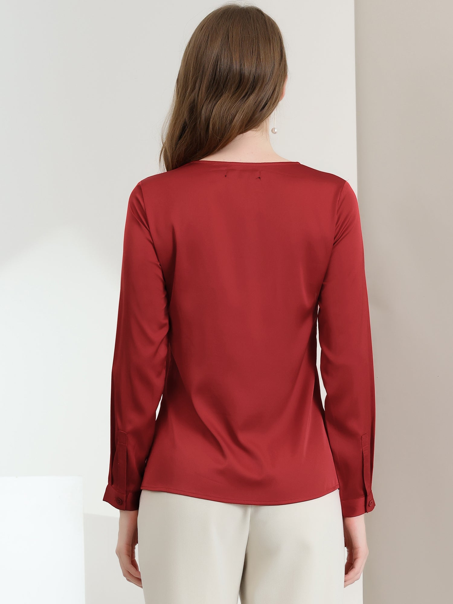 Satin Tie Neck Long Sleeve Solid Color Elegant Office Work Shirt Top