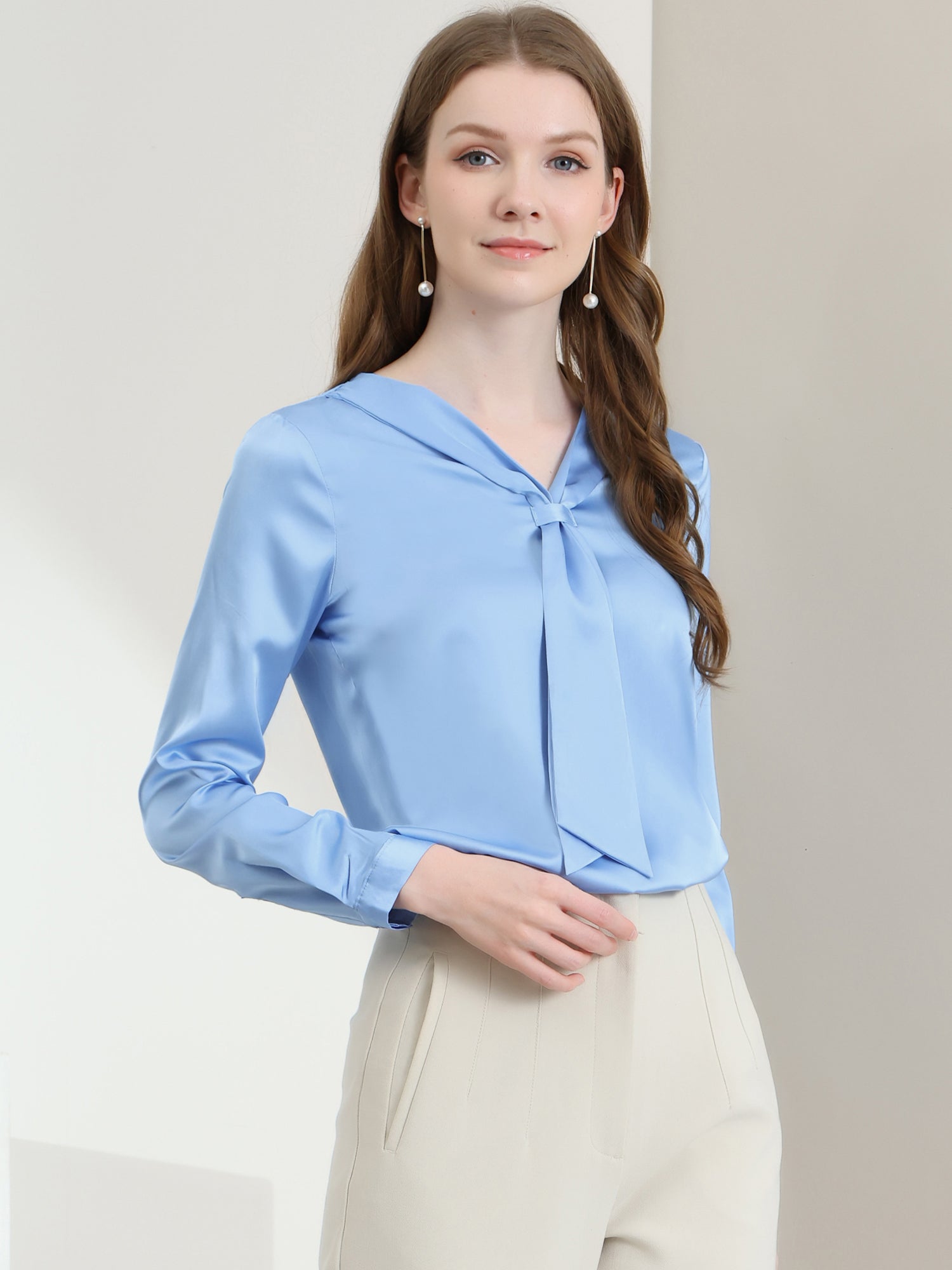 Satin Tie Neck Long Sleeve Solid Color Elegant Office Work Shirt Top