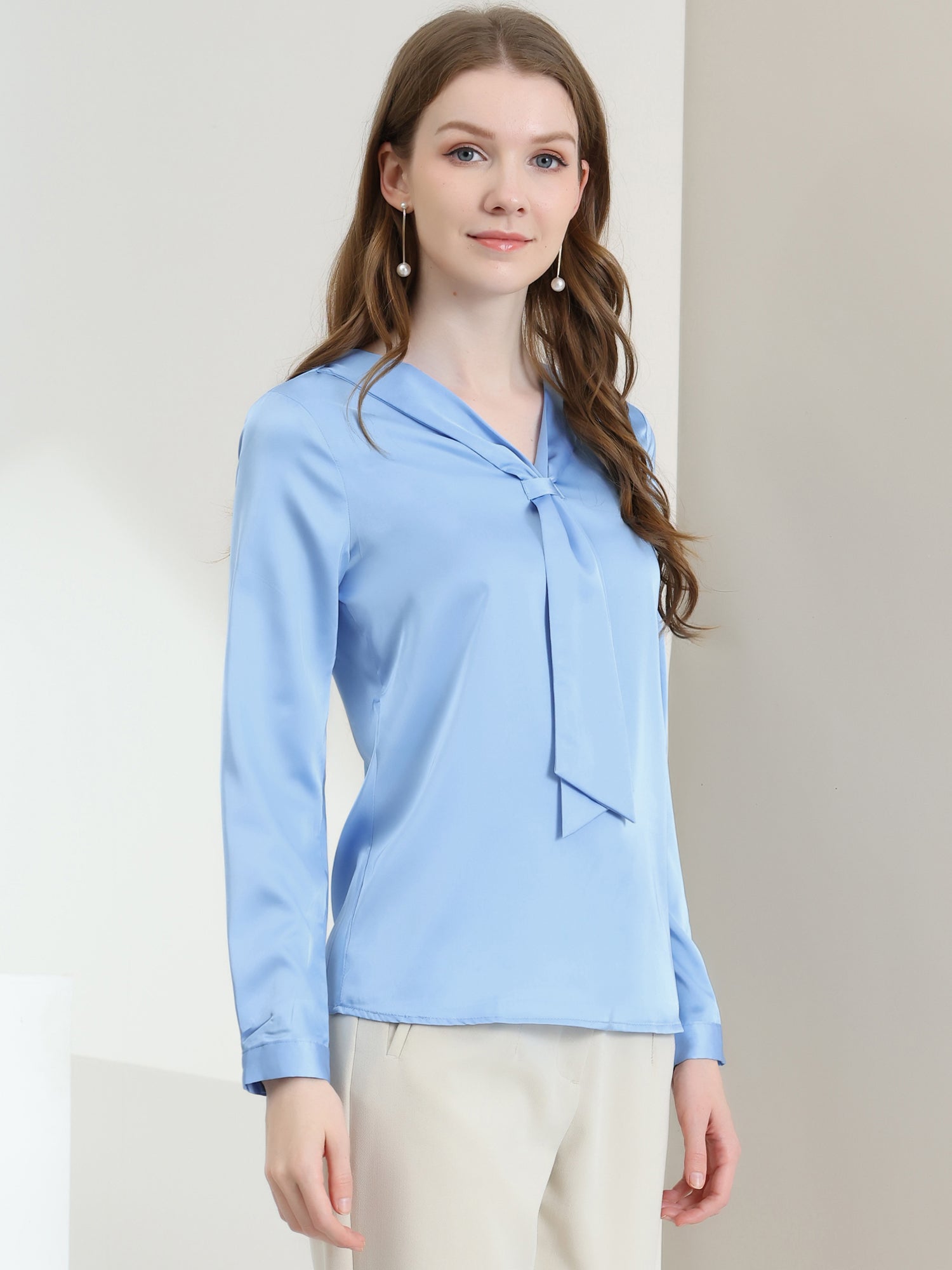 Satin Tie Neck Long Sleeve Solid Color Elegant Office Work Shirt Top