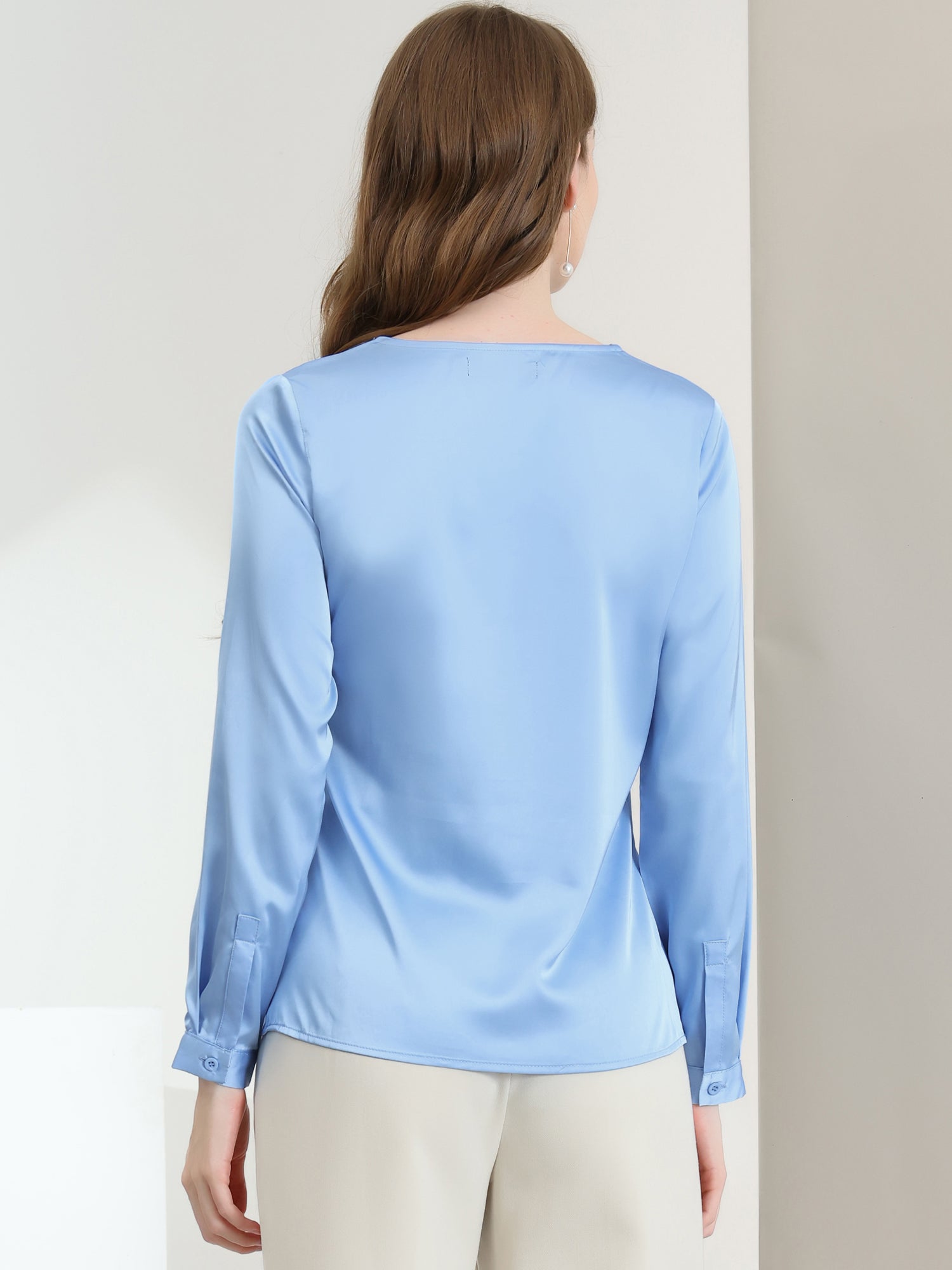 Satin Tie Neck Long Sleeve Solid Color Elegant Office Work Shirt Top