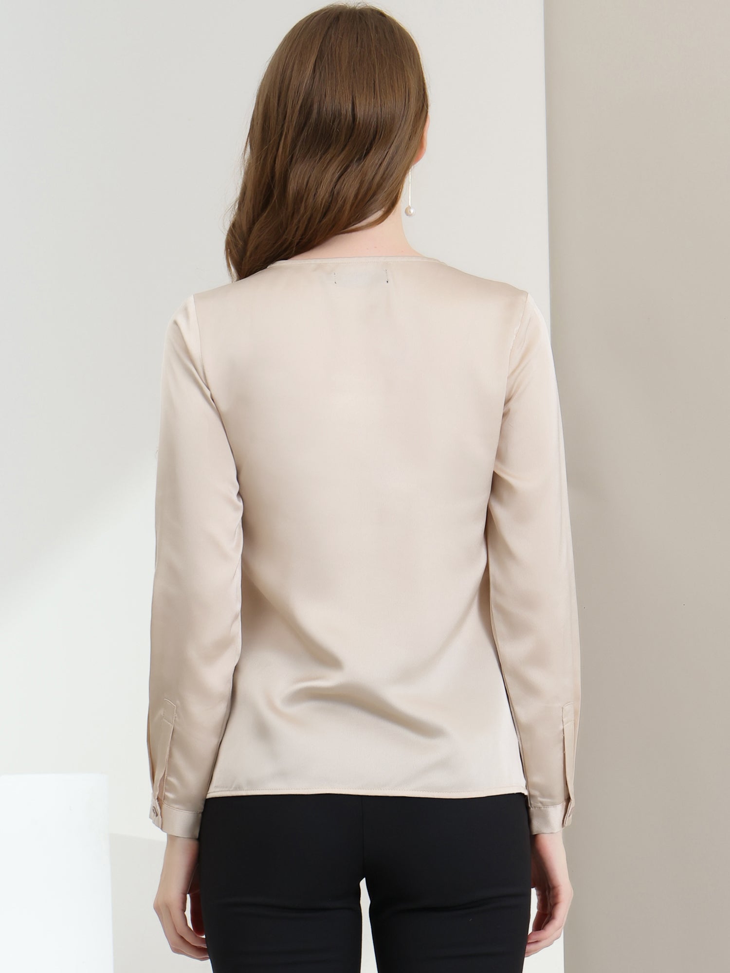 Satin Tie Neck Long Sleeve Solid Color Elegant Office Work Shirt Top