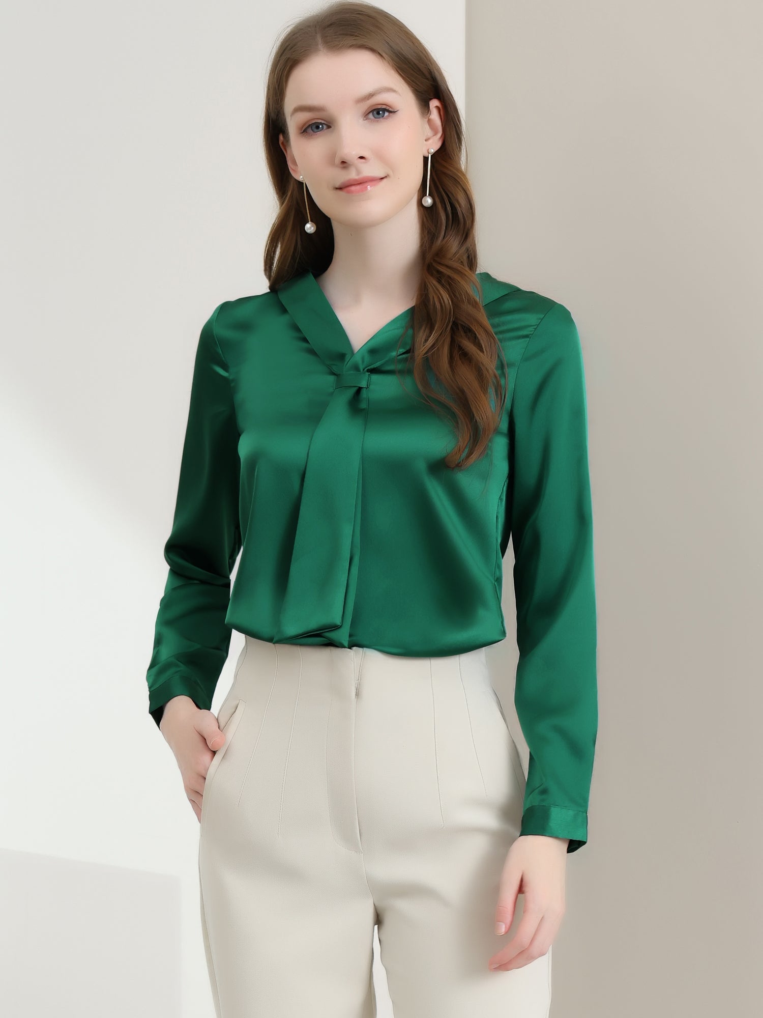 Satin Tie Neck Long Sleeve Solid Color Elegant Office Work Shirt Top