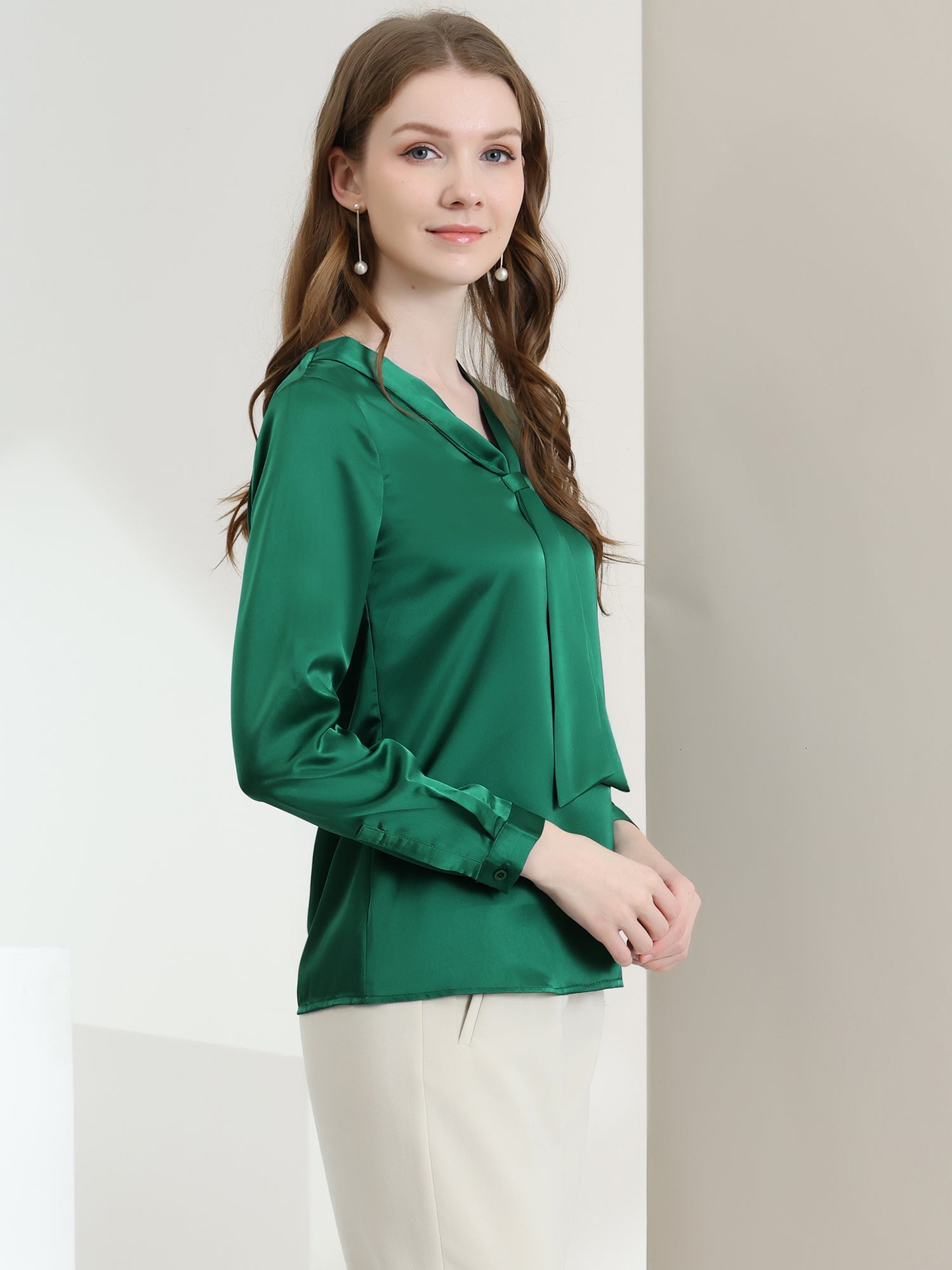 Satin Tie Neck Long Sleeve Solid Color Elegant Office Work Shirt Top