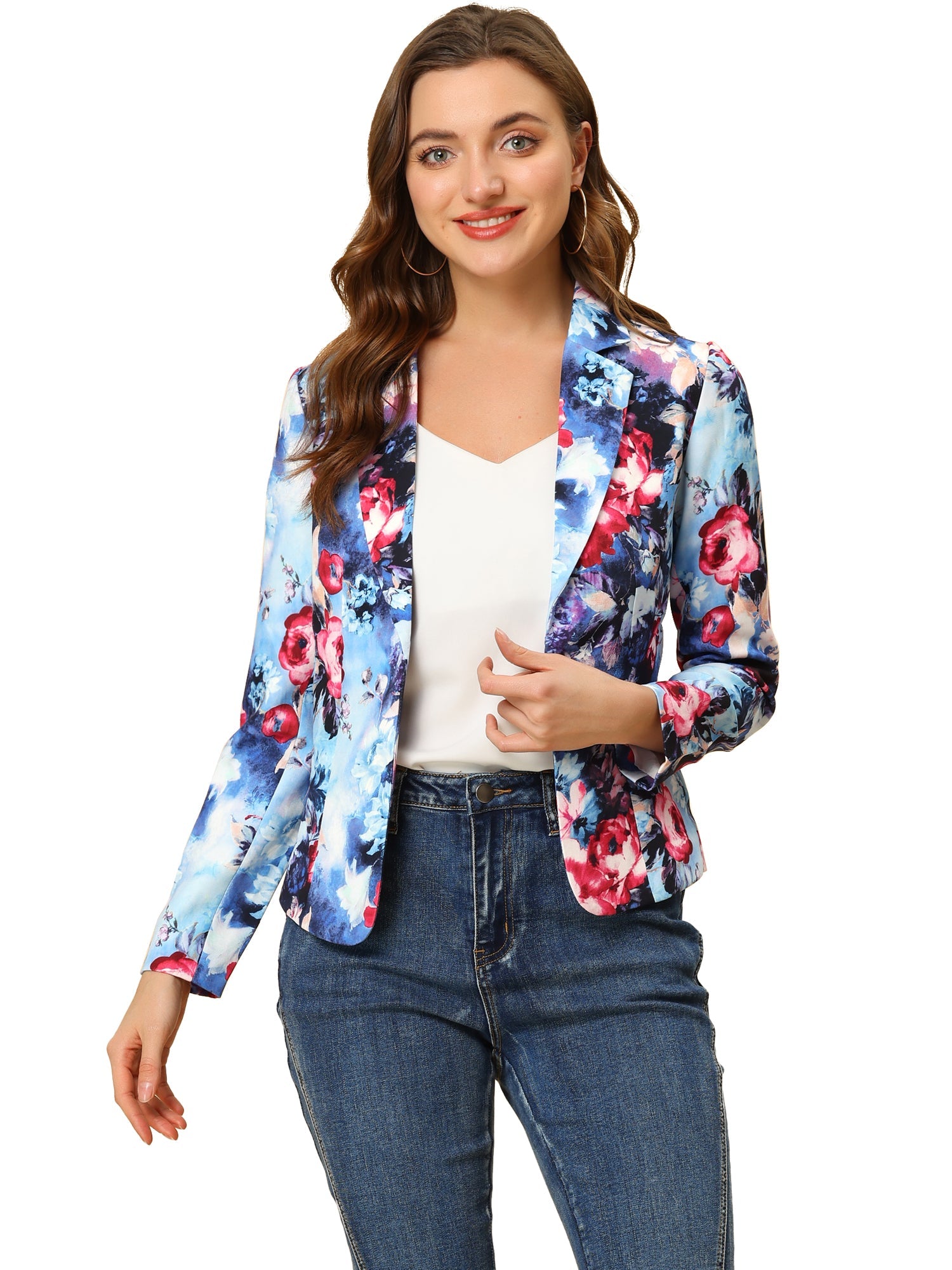 Open Front Notch Lapel Floral Business Casual Suit Blazer
