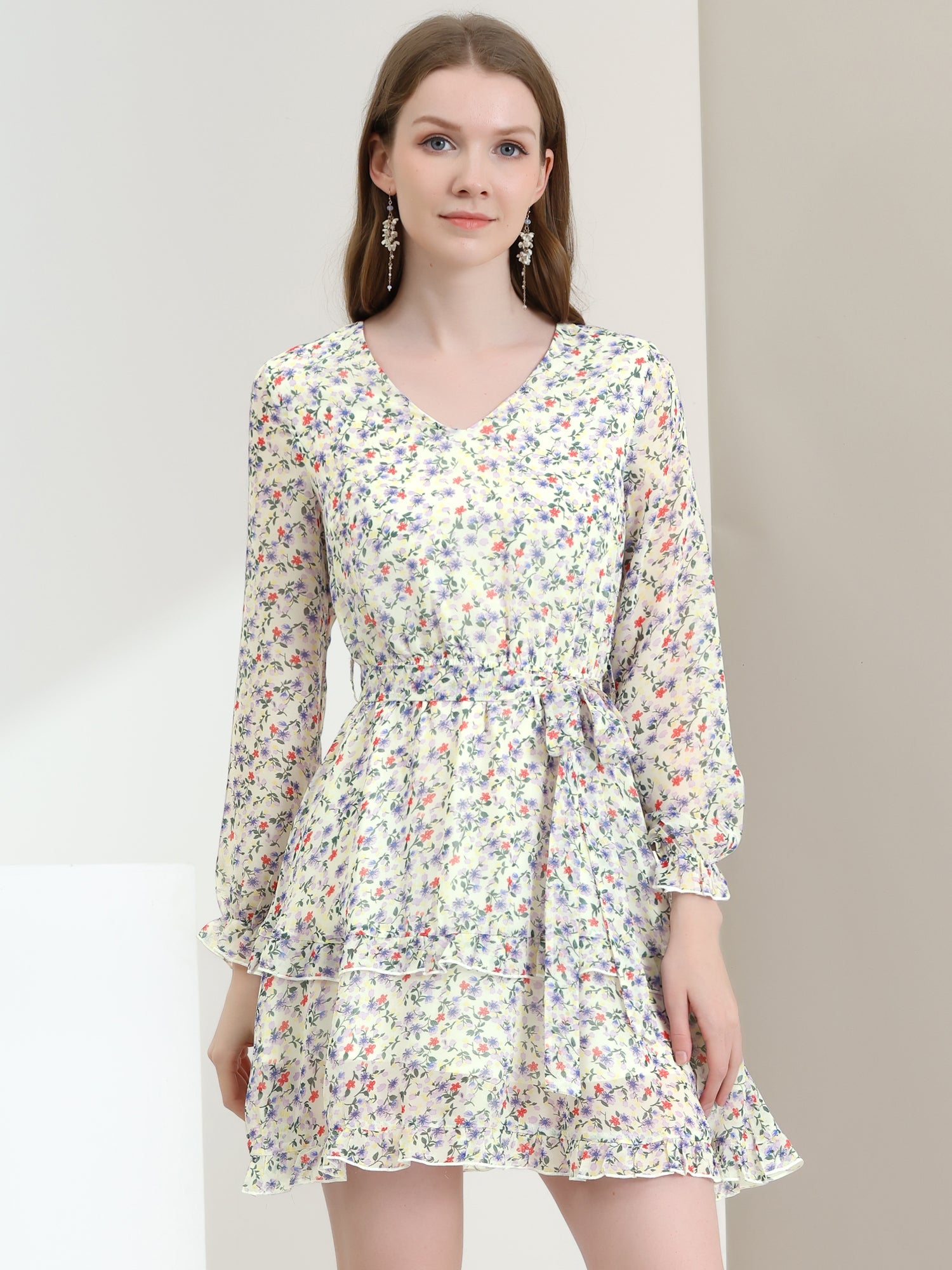 Long Sleeve V Neck Elastic Waist Ruffle Hem Chiffon Floral Dress