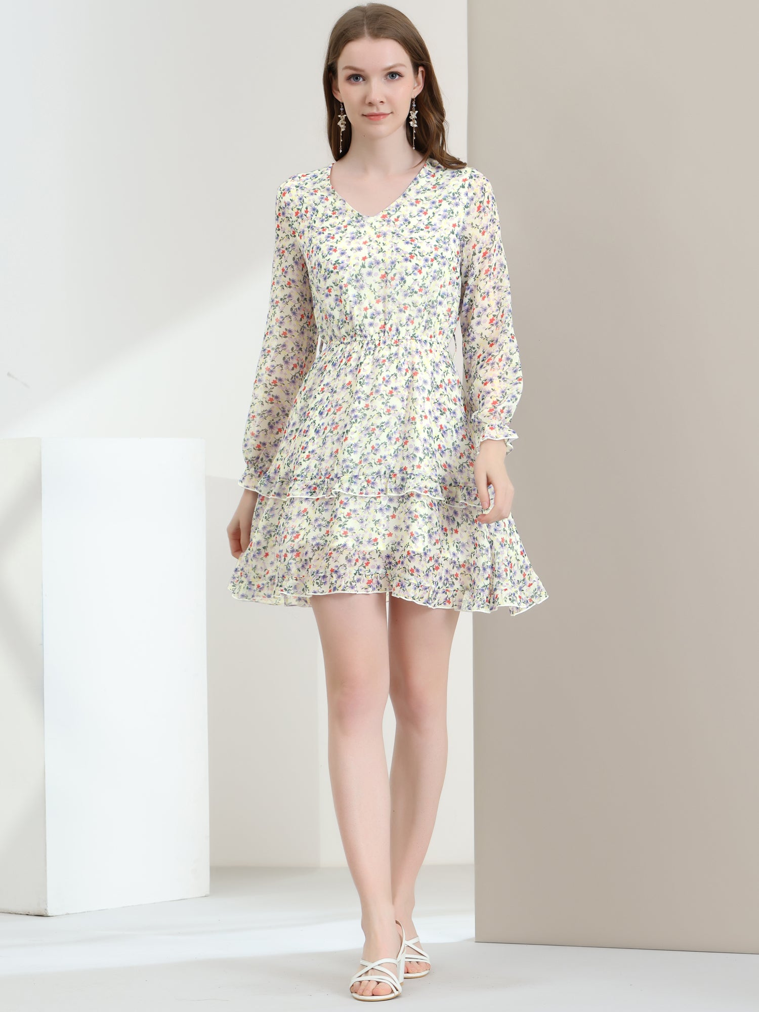 Long Sleeve V Neck Elastic Waist Ruffle Hem Chiffon Floral Dress