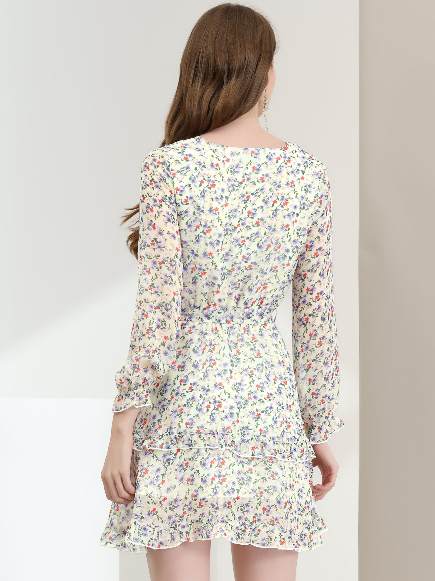 Long Sleeve V Neck Elastic Waist Ruffle Hem Chiffon Floral Dress