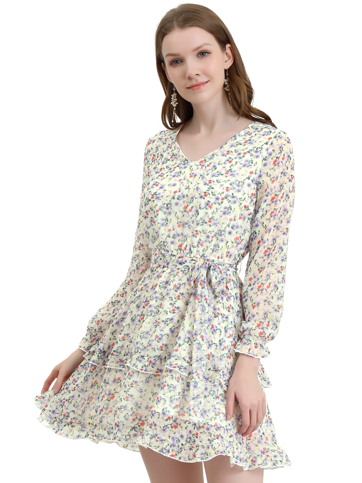 Long Sleeve V Neck Elastic Waist Ruffle Hem Chiffon Floral Dress