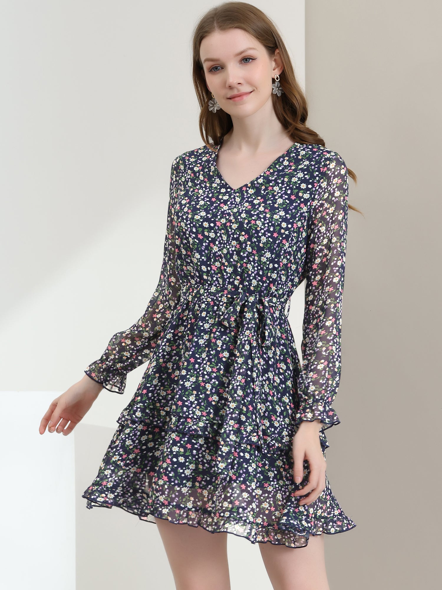 Long Sleeve V Neck Elastic Waist Ruffle Hem Chiffon Floral Dress